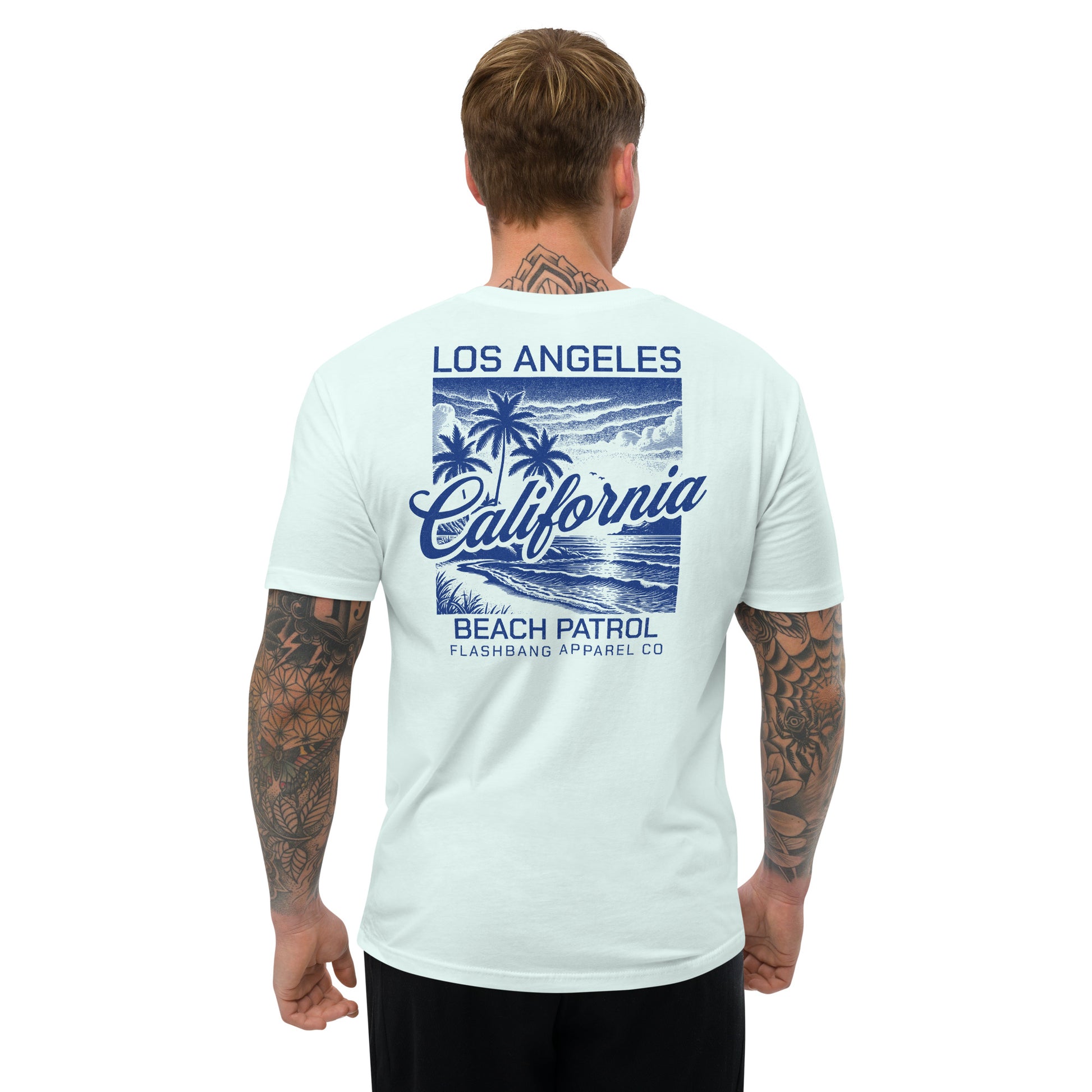 Light blue t-shirt with 'Los Angeles California Beach Patrol' design on a white background