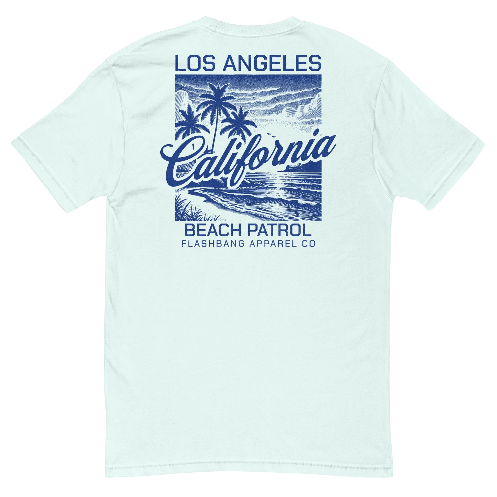 Light blue t-shirt with 'Los Angeles California Beach Patrol' design on the back, featuring palm trees and waves.