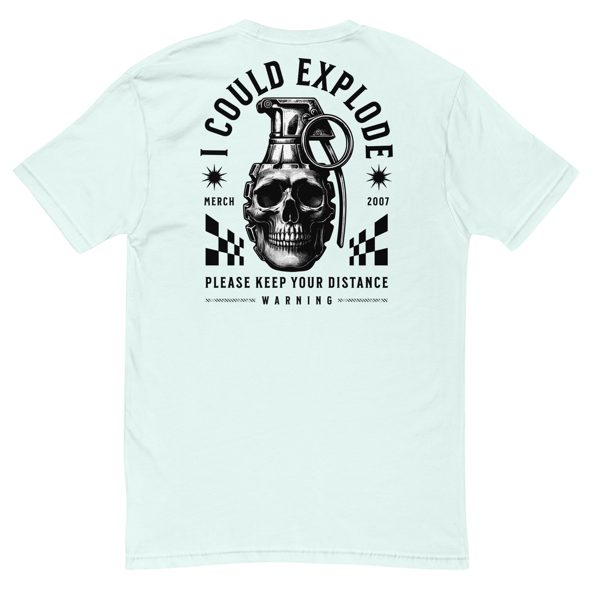 Light blue t-shirt with a graphic design on the back featuring a skull and grenade, on a white background.