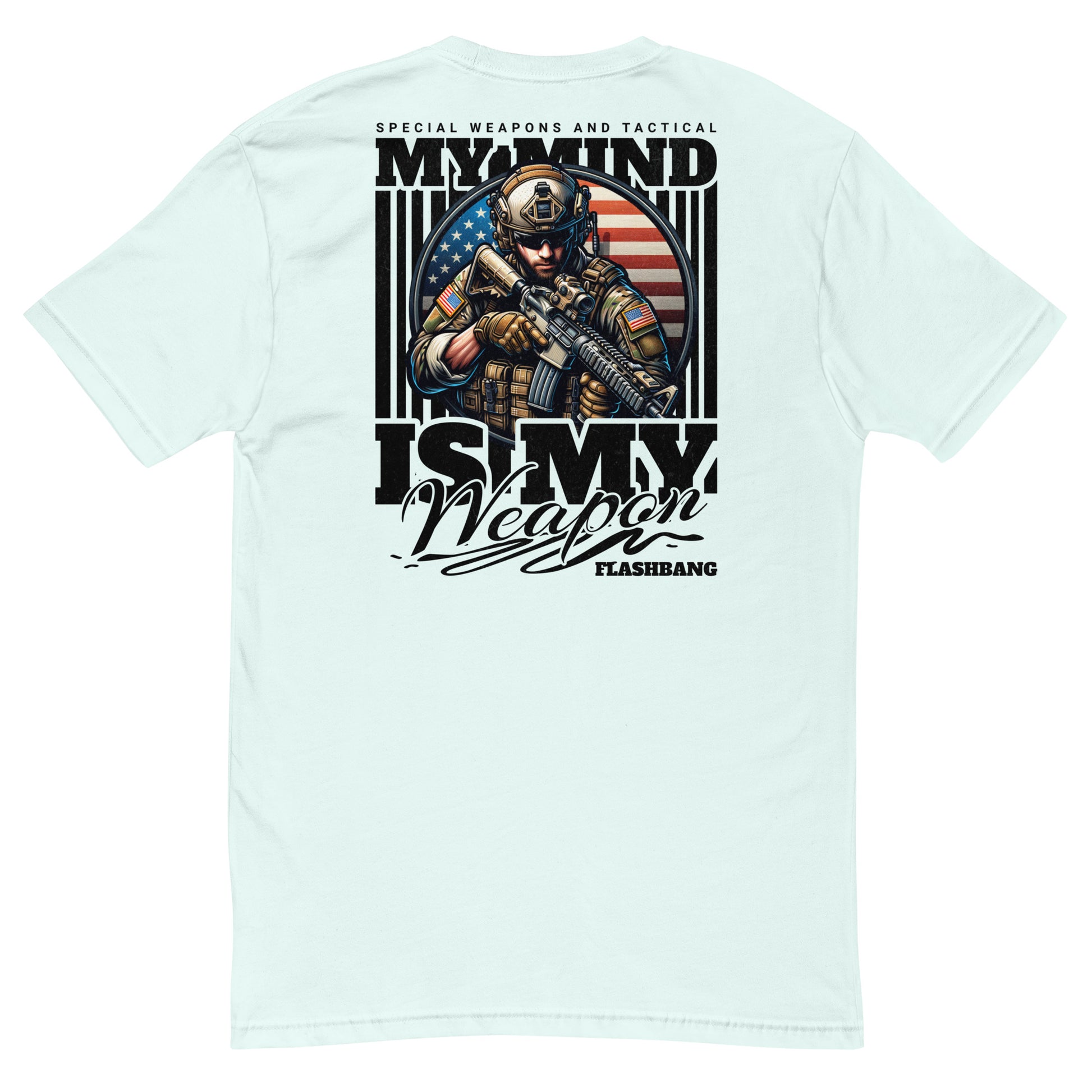 Light blue t-shirt with graphic design and text on a white background
