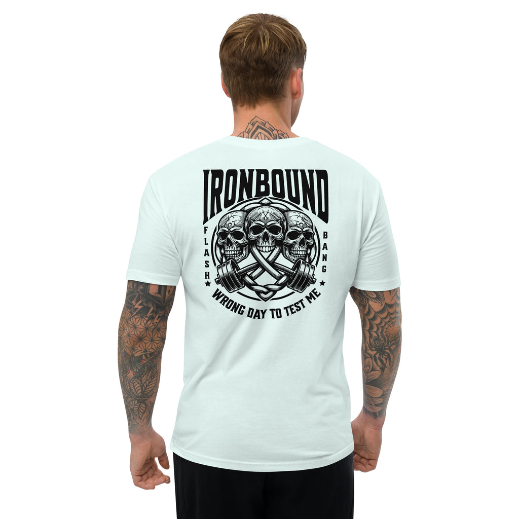 Man wearing a light blue t-shirt with 'Ironbound' design on the back, on a white background