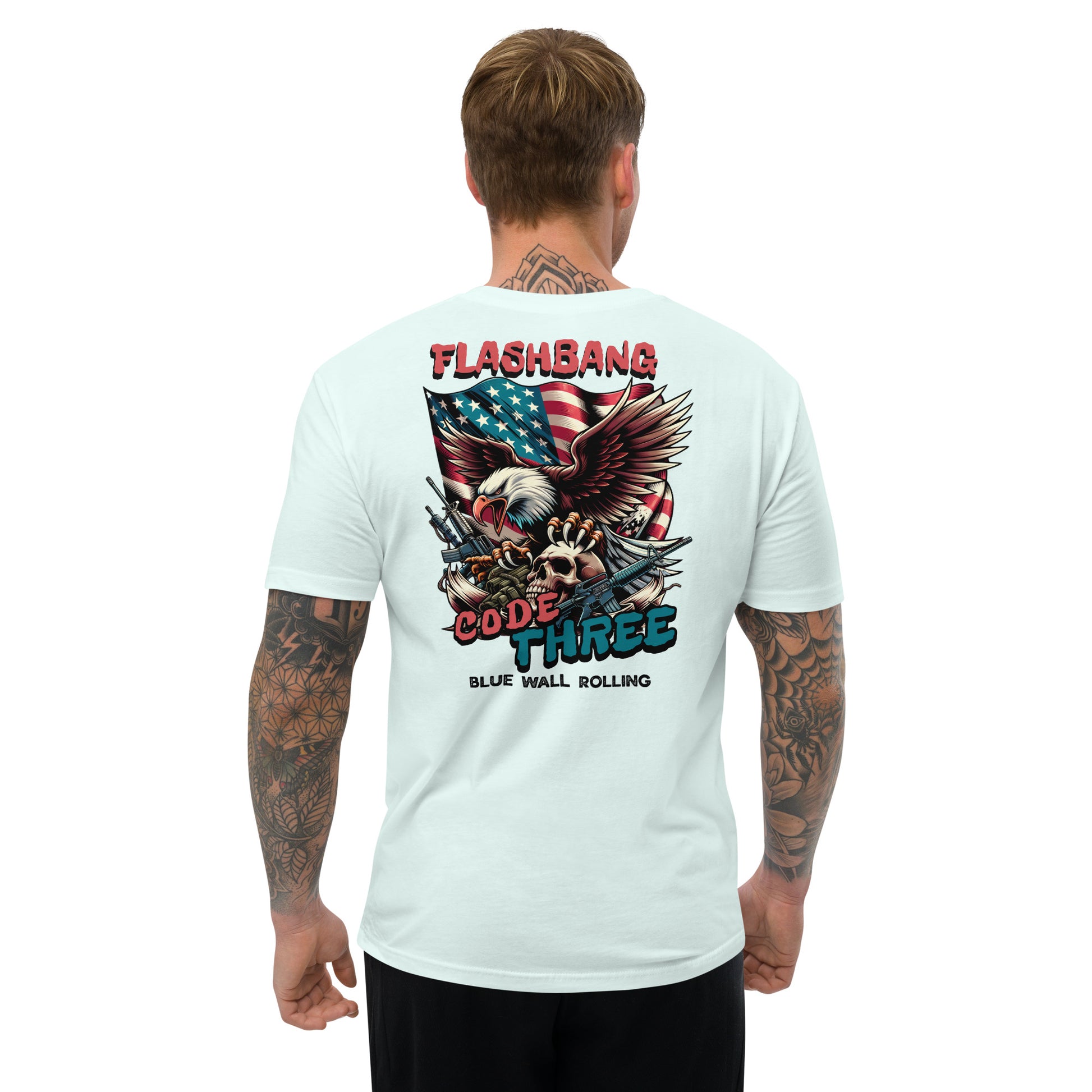 Man wearing a light blue t-shirt with a graphic design on the back, featuring an eagle and text.