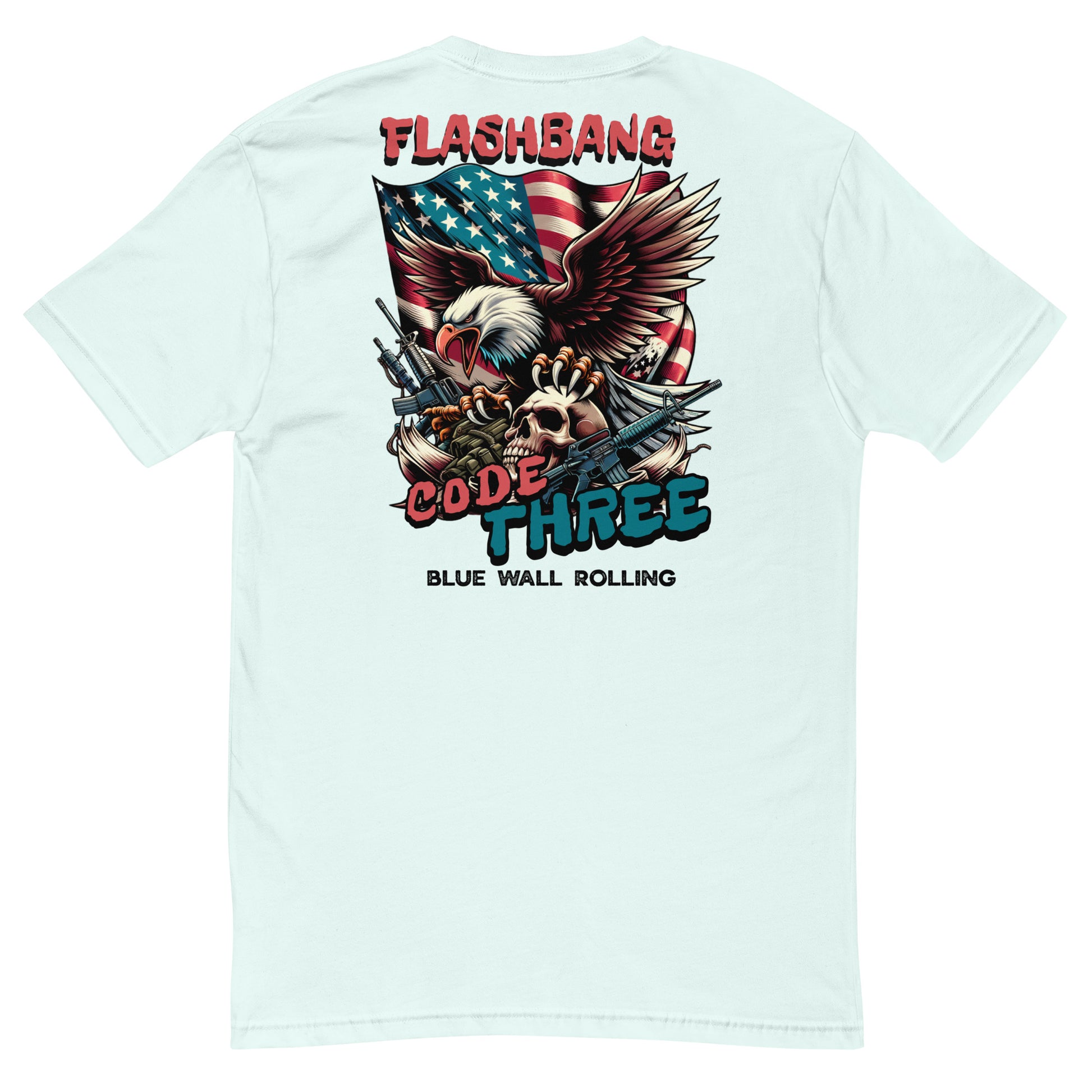 Light blue t-shirt with graphic design featuring an eagle, American flag, and text on a white background