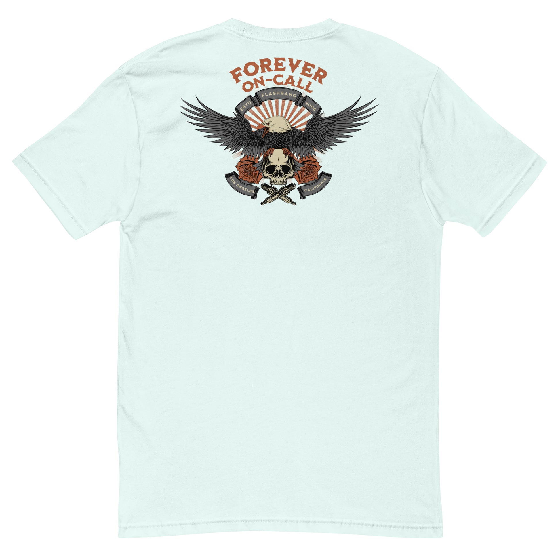 Light blue t-shirt with an eagle and skull design on the back, featuring the text 'Forever On Call'.