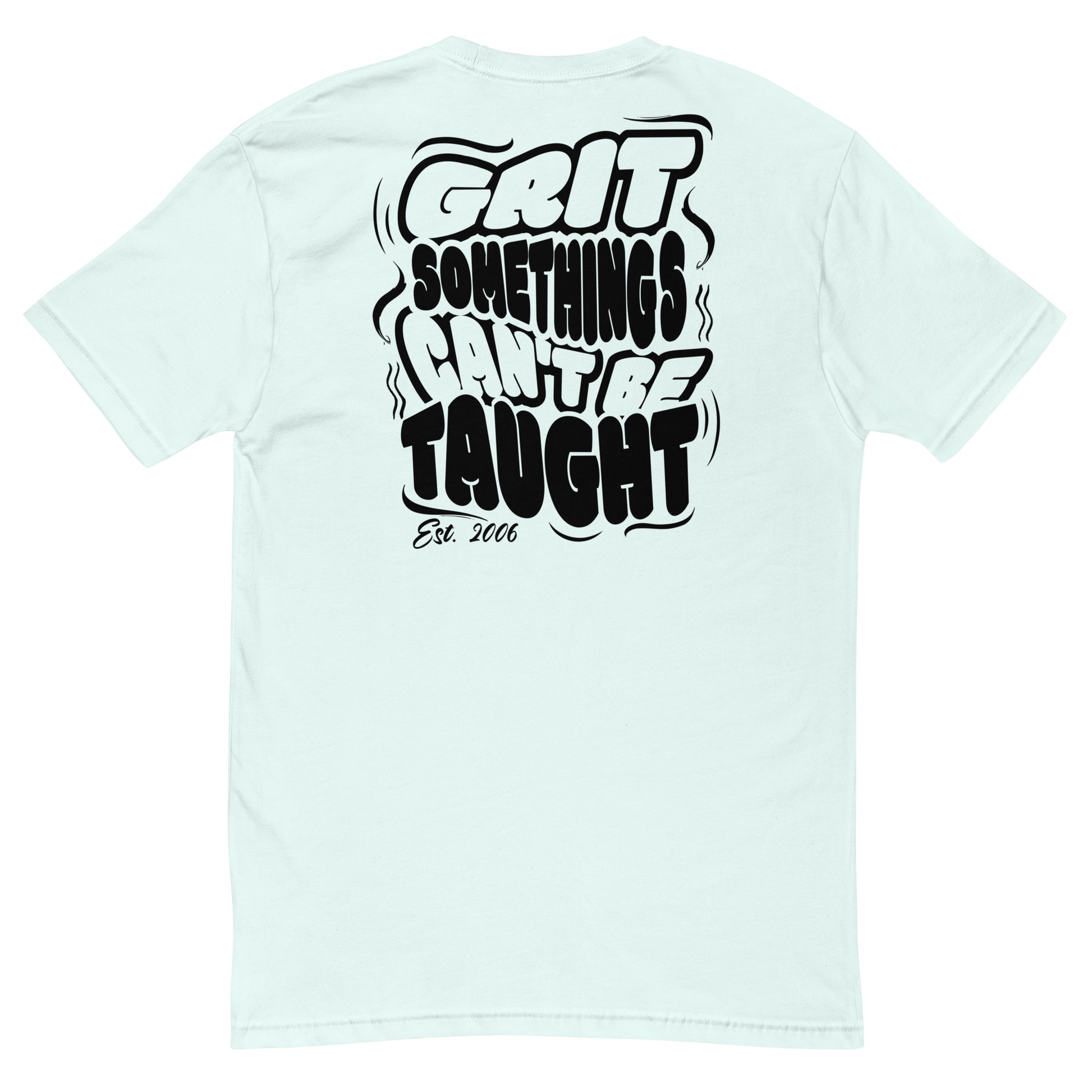 Light blue t-shirt with black text on the back on a white background