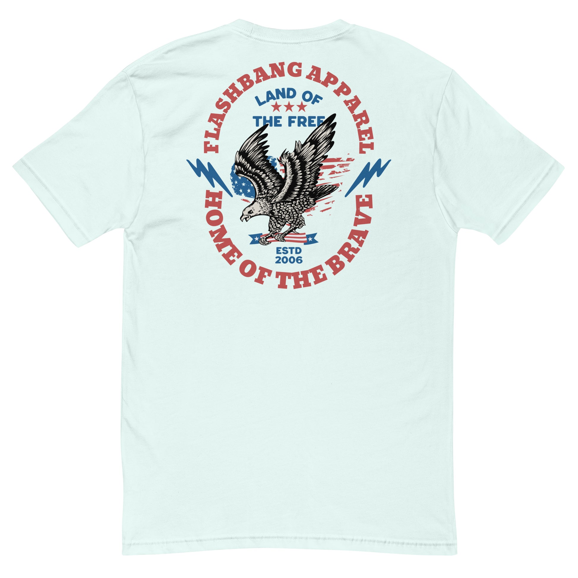 Light blue t-shirt with an eagle graphic and text on the back, featuring the brand 'Flashbang Apparel'.