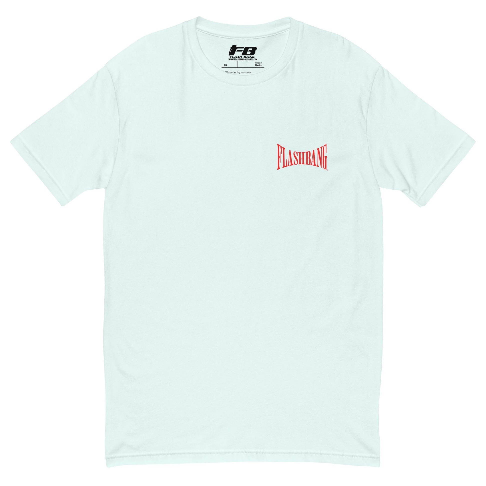 Into The Heat T-shirt with firefighter skull graphic, perfect for brave men who love firefighter apparel - Front View - Light Blue with Flashbang Text