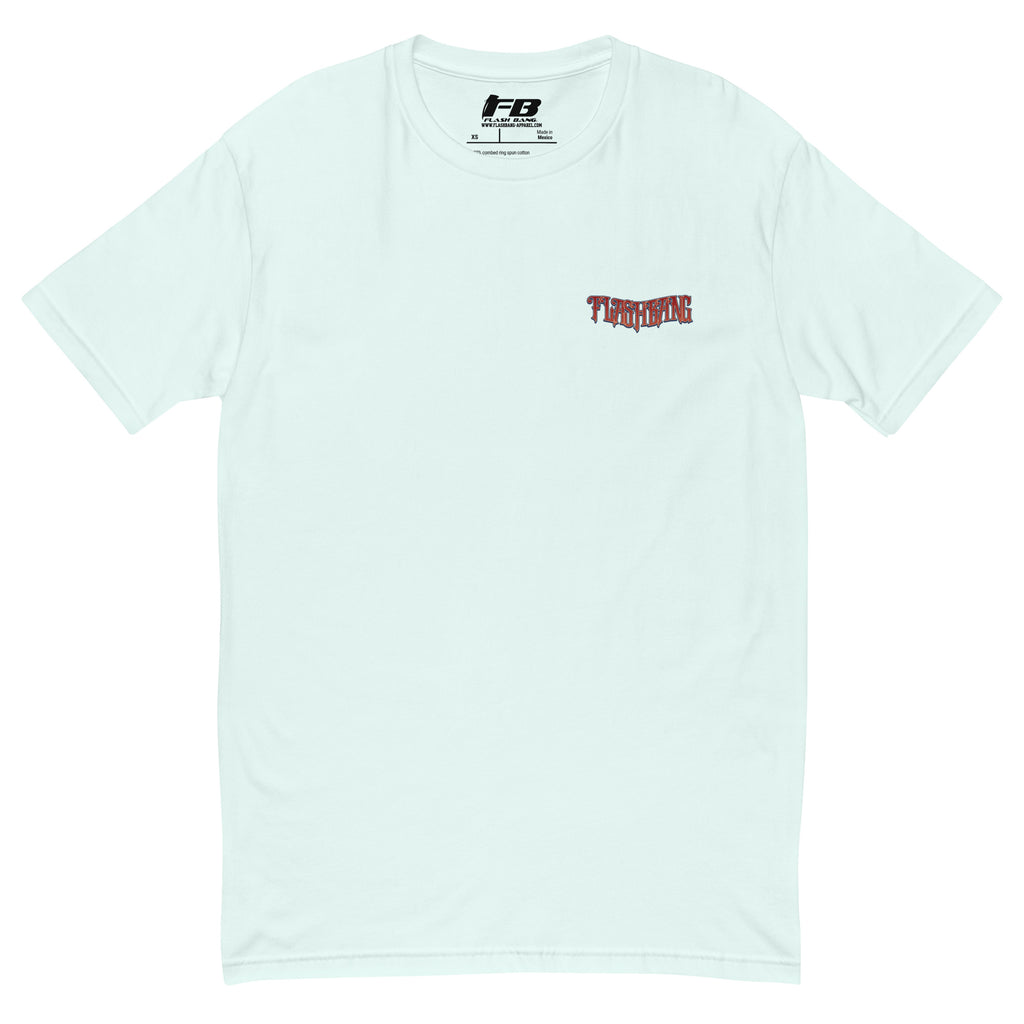 Modern Day Samurai T-shirt featuring a bold samurai graphic, designed for men who admire samurai culture and warrior strength - Front View - Light Blue with Flashbang Text