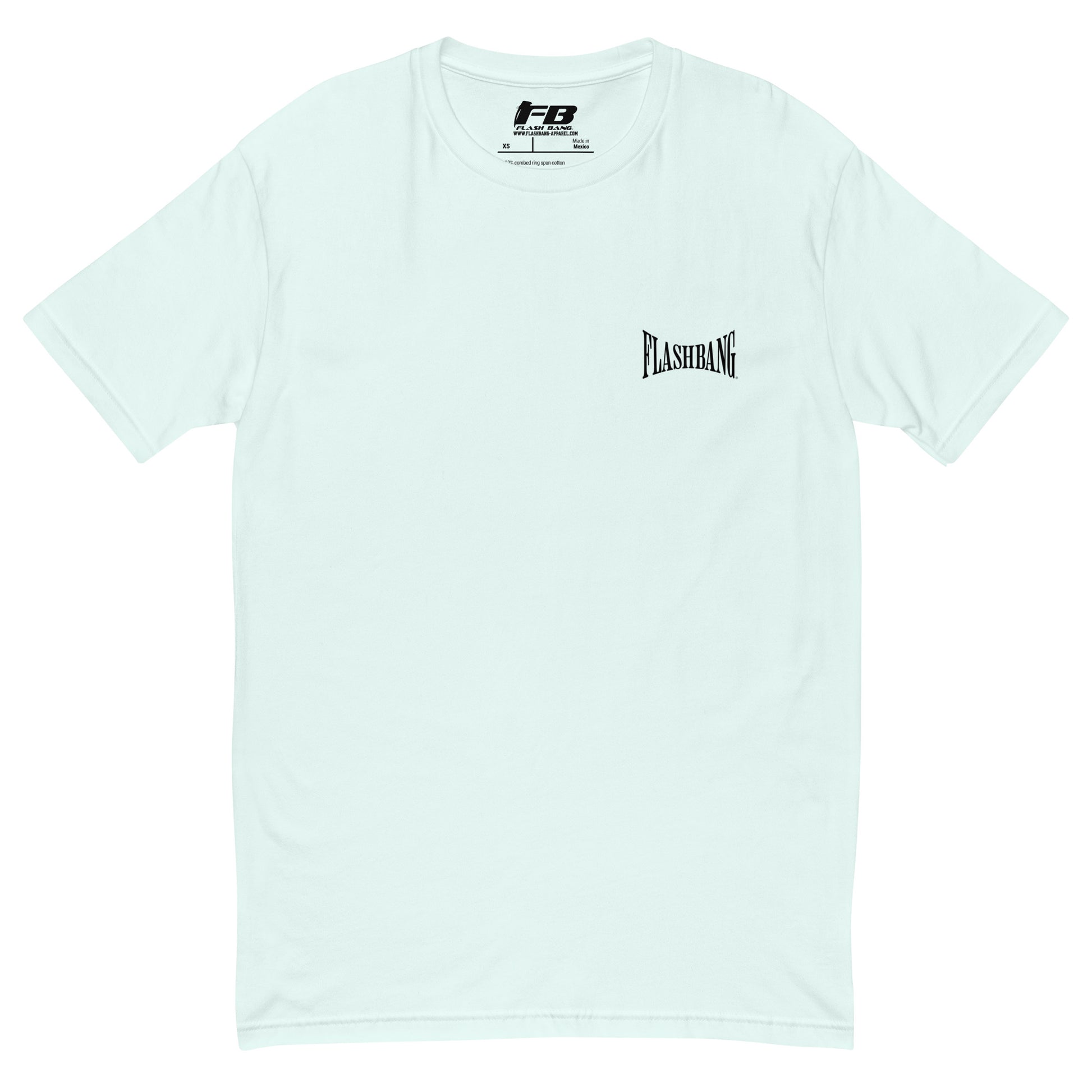 Authentic Black T-shirt with City of Angels letter graphic, black print tee design - rugged, durable, and made for daily wear - Front View - Light Blue with Flashbang Text