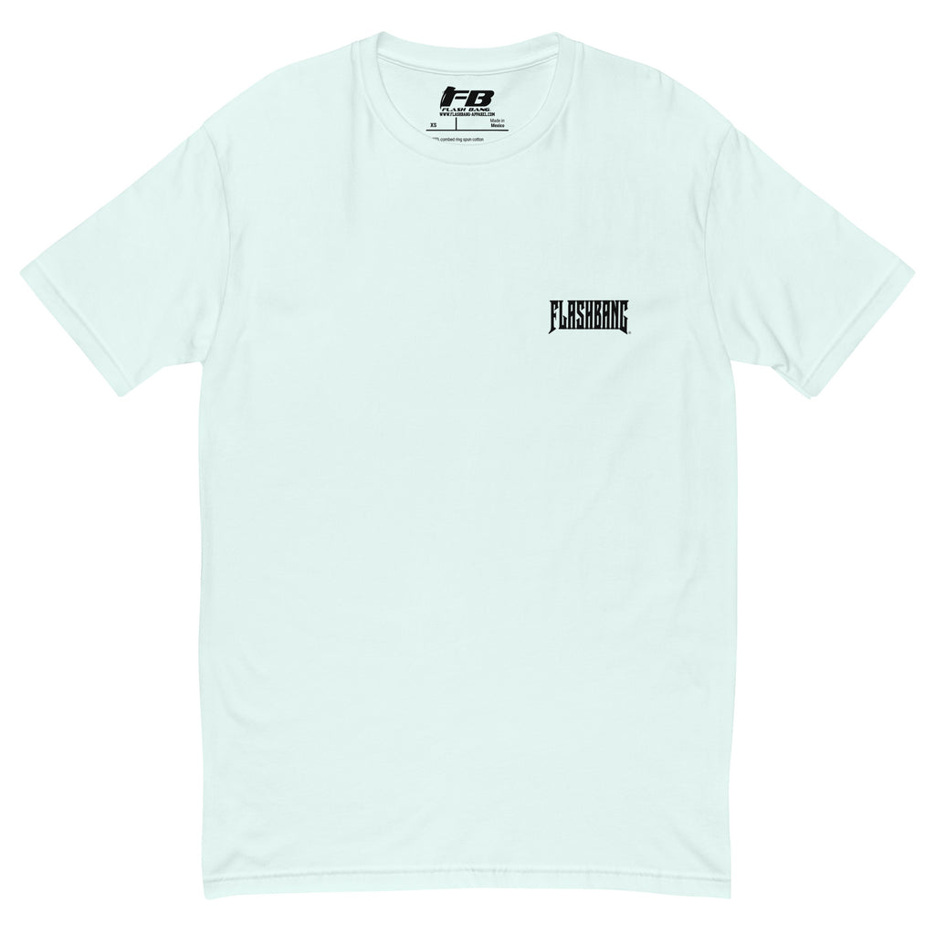 When In Doubt Lite T-shirt – Funny Military Quote Design – Front View - Light Blue with Flashbang Text