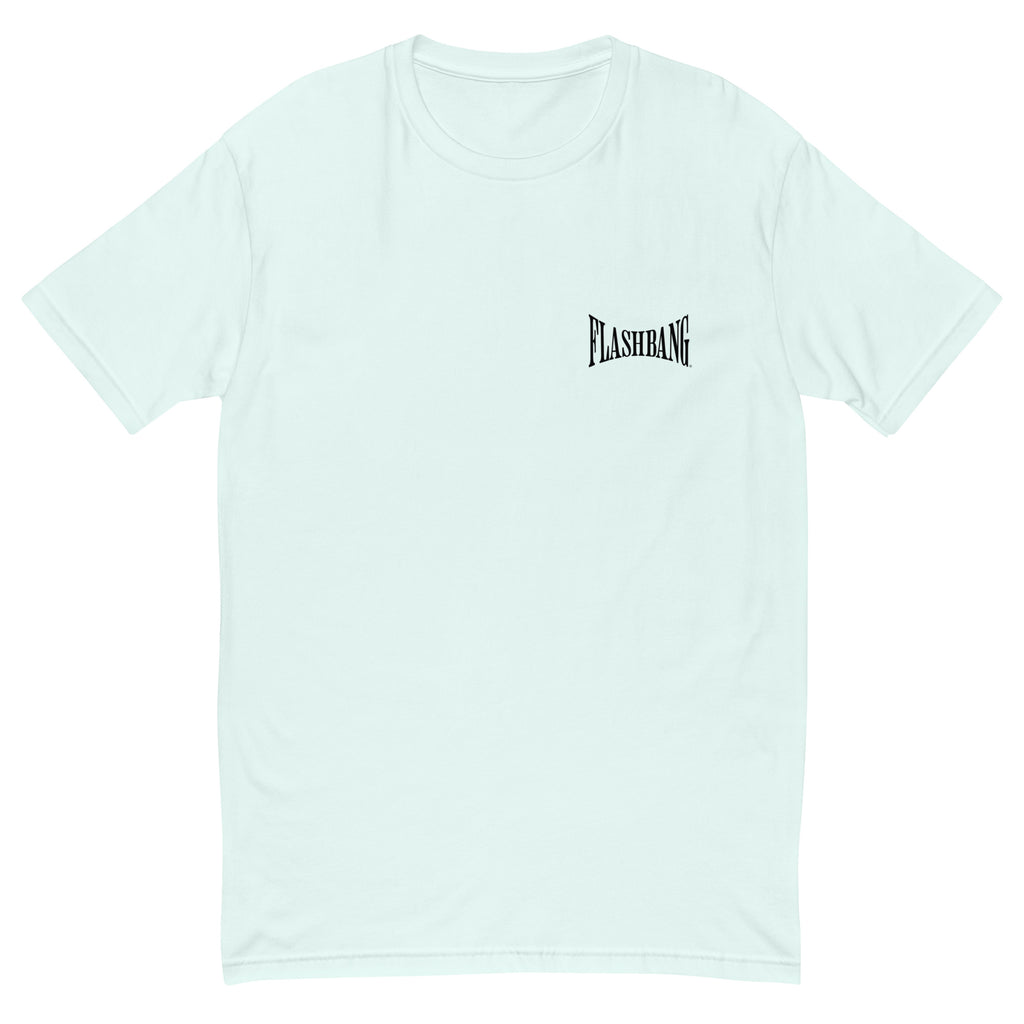 A True American Hero Lite T-shirt with a military monkey graphic, showcasing American heroism and pride in a lightweight, rugged design - Front View - Light Blue with Flashbang Text