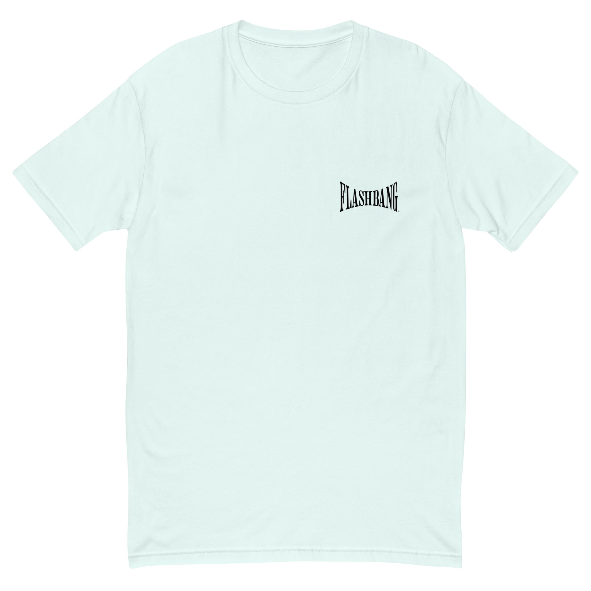 A True American Hero Lite T-shirt with a military monkey graphic, showcasing American heroism and pride in a lightweight, rugged design - Front View - Light Blue with Flashbang Text