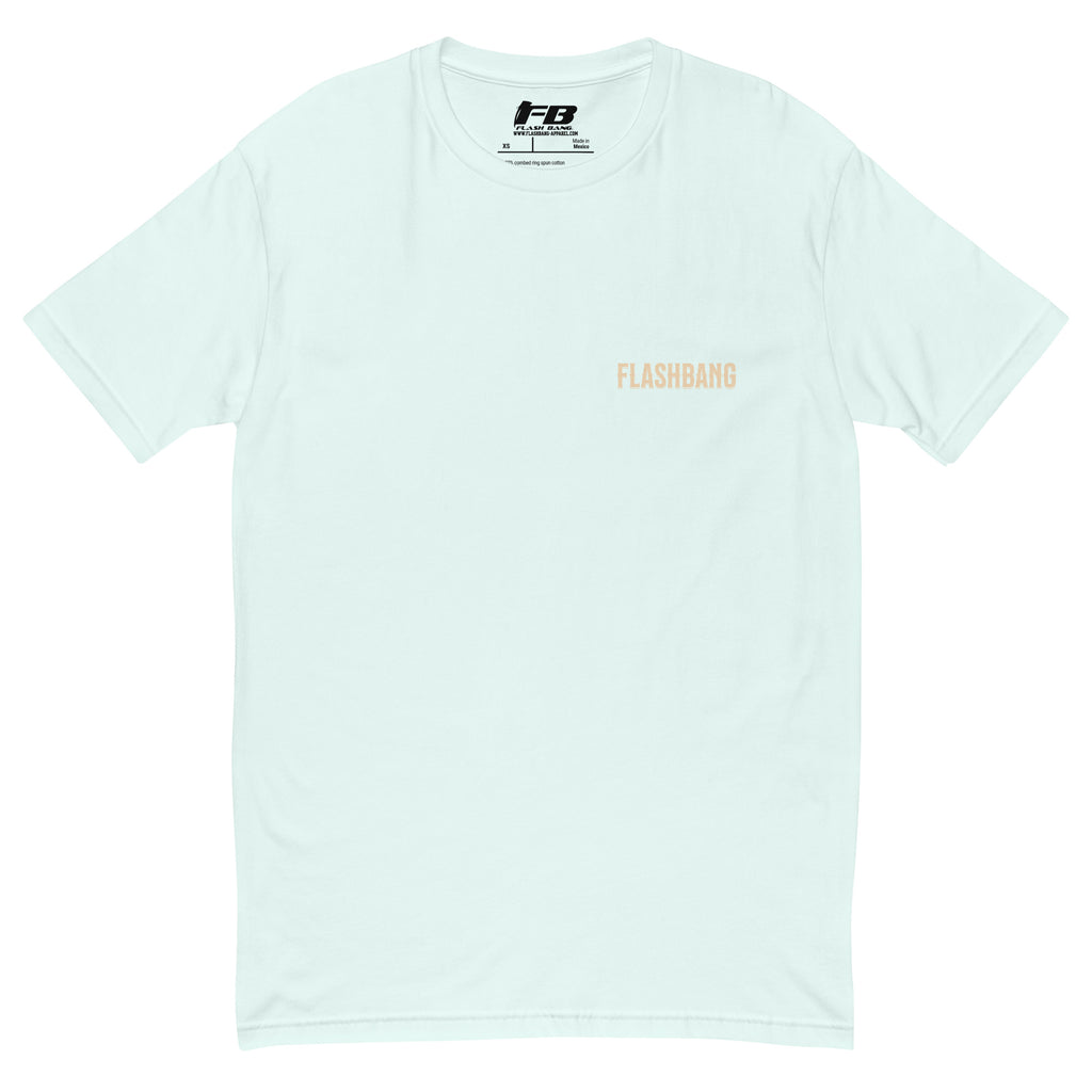 American Style T-shirt featuring USA flag and Strength Honor Freedom message, designed for veterans and patriots - Front View - Light Blue with Flashbang Text