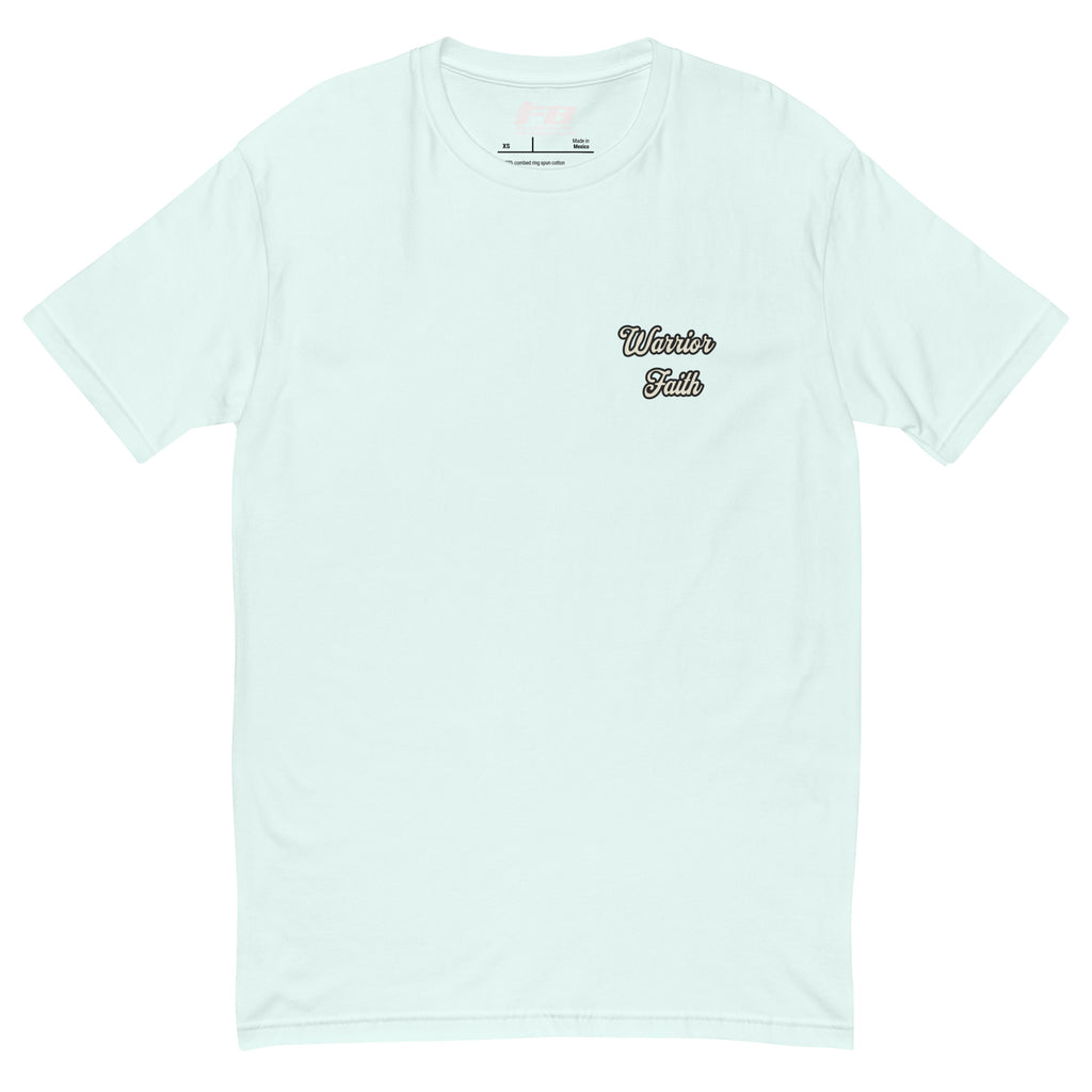 Warrior Faith T-shirt featuring a fighter graphic, symbolizing strength, resilience, and honor, perfect for veterans and those who serve - Front View - Light Blue with Warrior Faith Text
