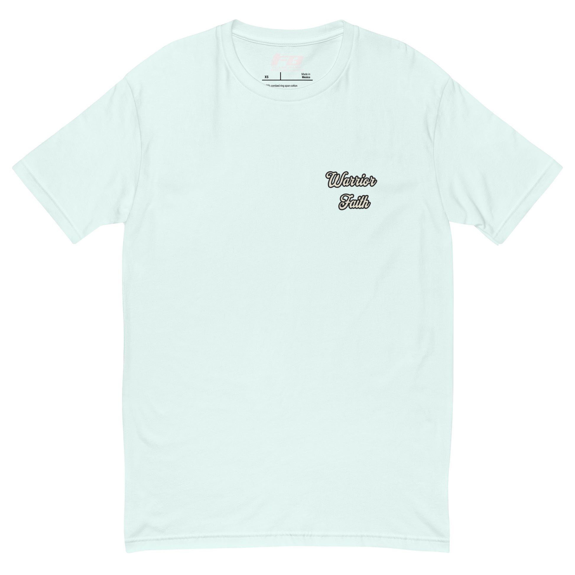 Warrior Faith T-shirt featuring a fighter graphic, symbolizing strength, resilience, and honor, perfect for veterans and those who serve - Front View - Light Blue with Warrior Faith Text
