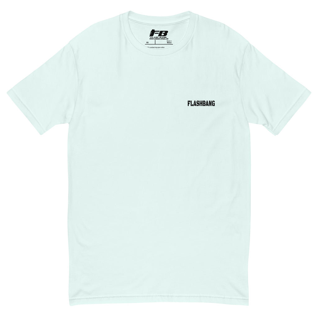 Earned Not Issued Lite T-shirt perfect for weightlifting and gym enthusiasts - Front View - Light Blue with Flashbang Text