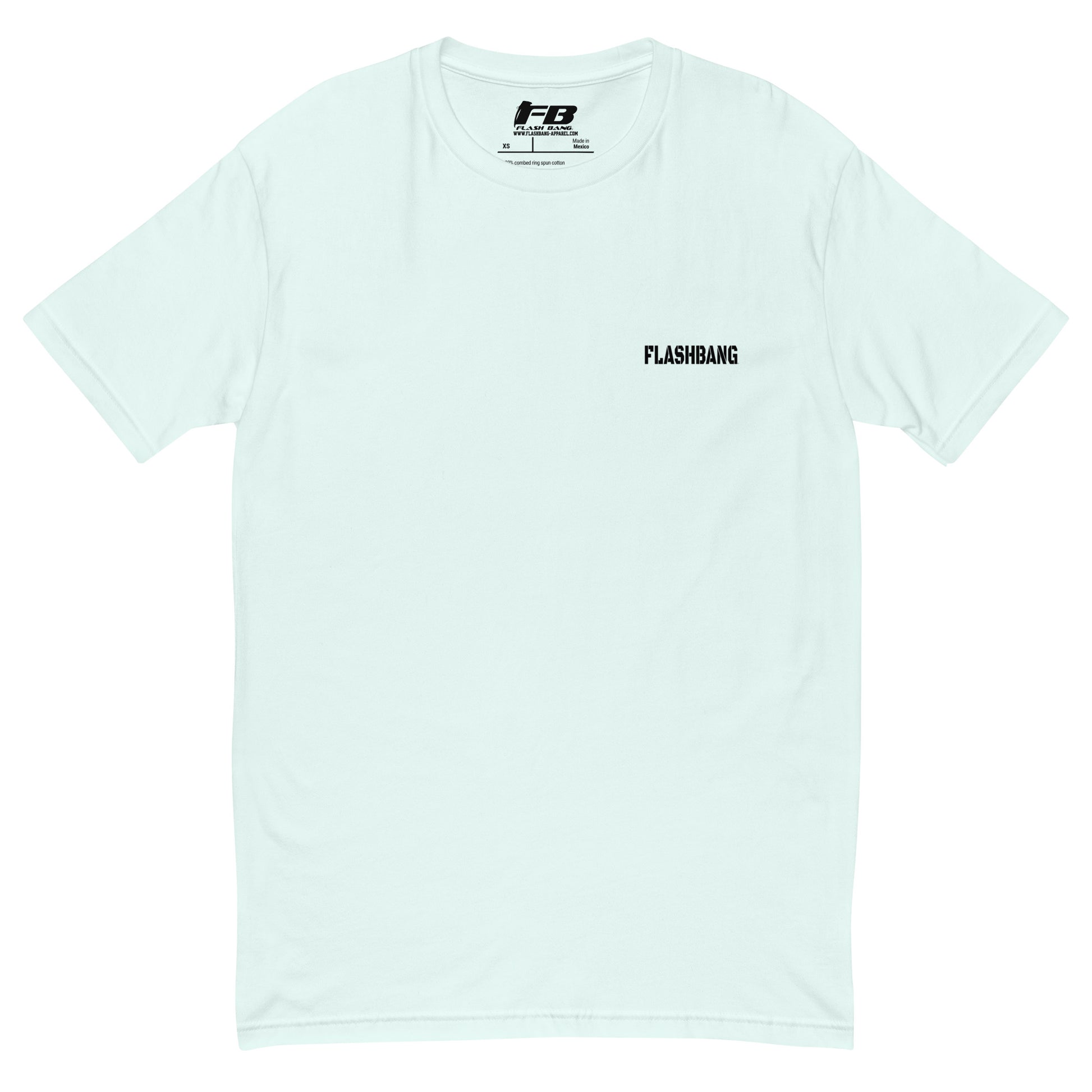 Earned Not Issued Lite T-shirt perfect for weightlifting and gym enthusiasts - Front View - Light Blue with Flashbang Text