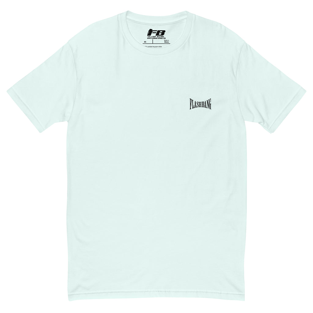Bad Guys Lite T-shirt with workout motivation design, A tribute to strength and perseverance - Front View - Light Blue with Flashbang Text