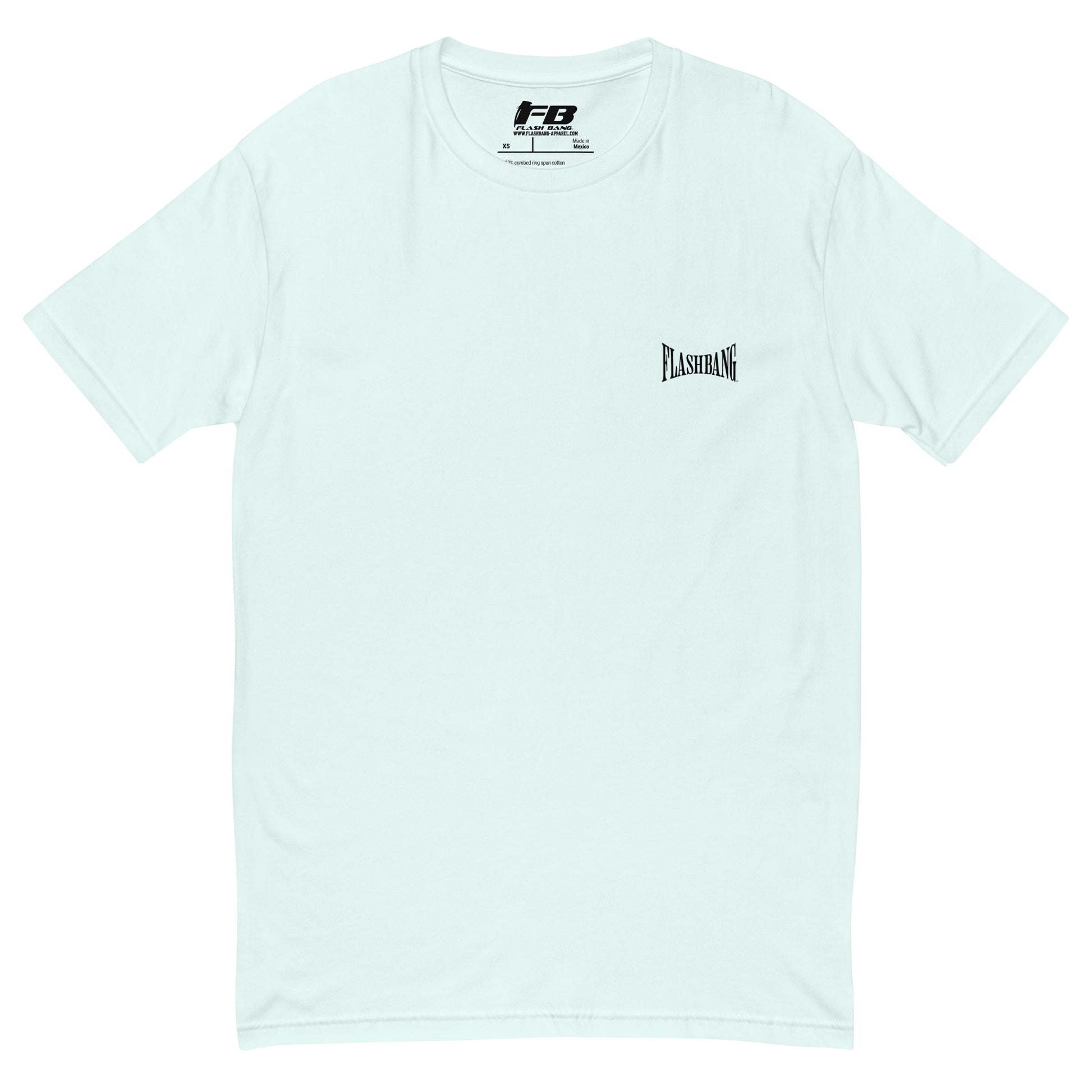Bad Guys Lite T-shirt with workout motivation design, A tribute to strength and perseverance - Front View - Light Blue with Flashbang Text