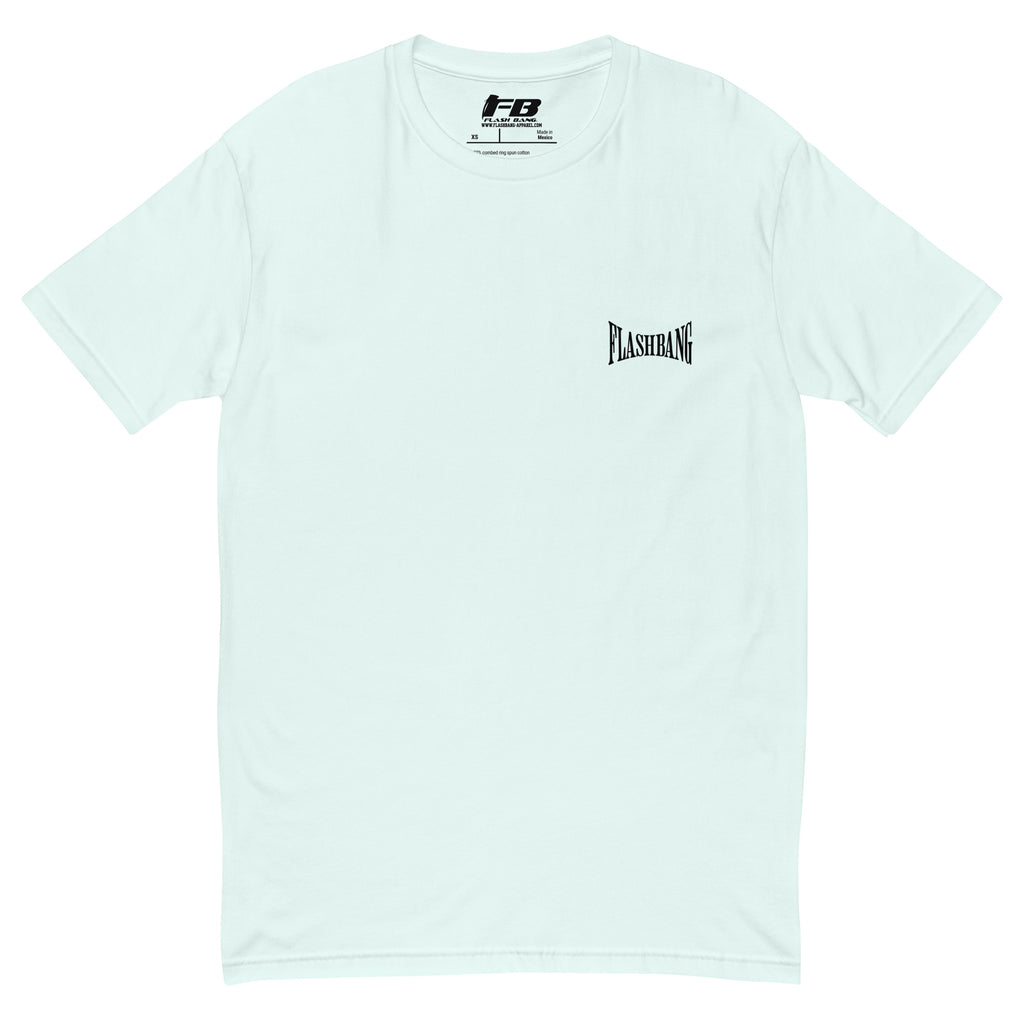 Proud American Lite T-shirt featuring skull graphic design, patriotic message for strength and honor - Front View - Light Blue with Flashbang Text