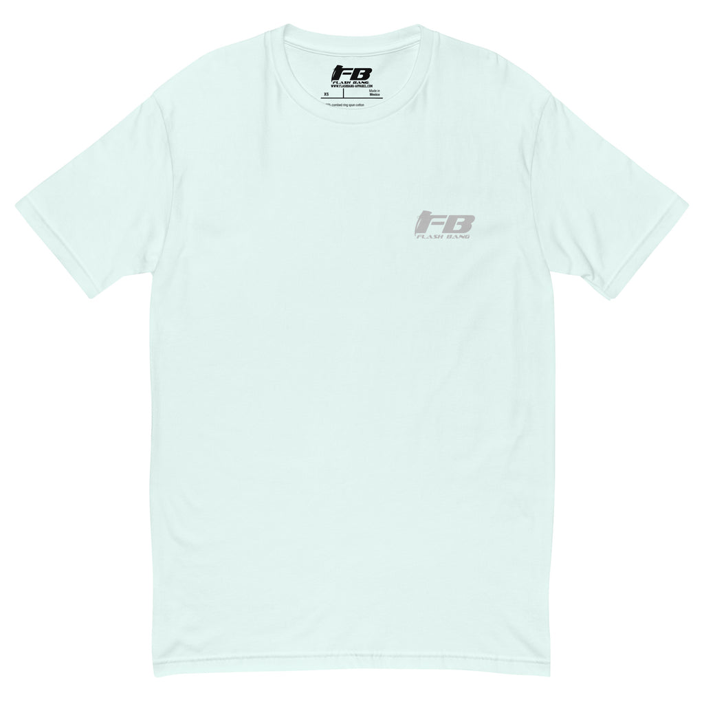 Courage T-shirt with sword and wings graphic, honoring brave soldiers - Front View - Light Blue with Flashbang Text