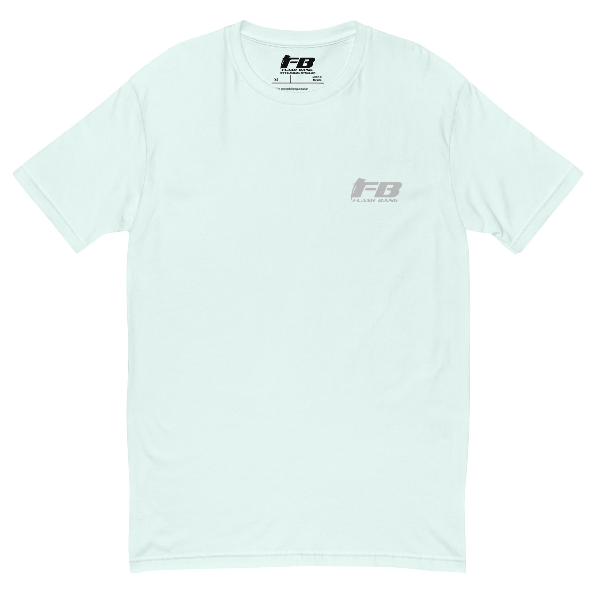Courage T-shirt with sword and wings graphic, honoring brave soldiers - Front View - Light Blue with Flashbang Text