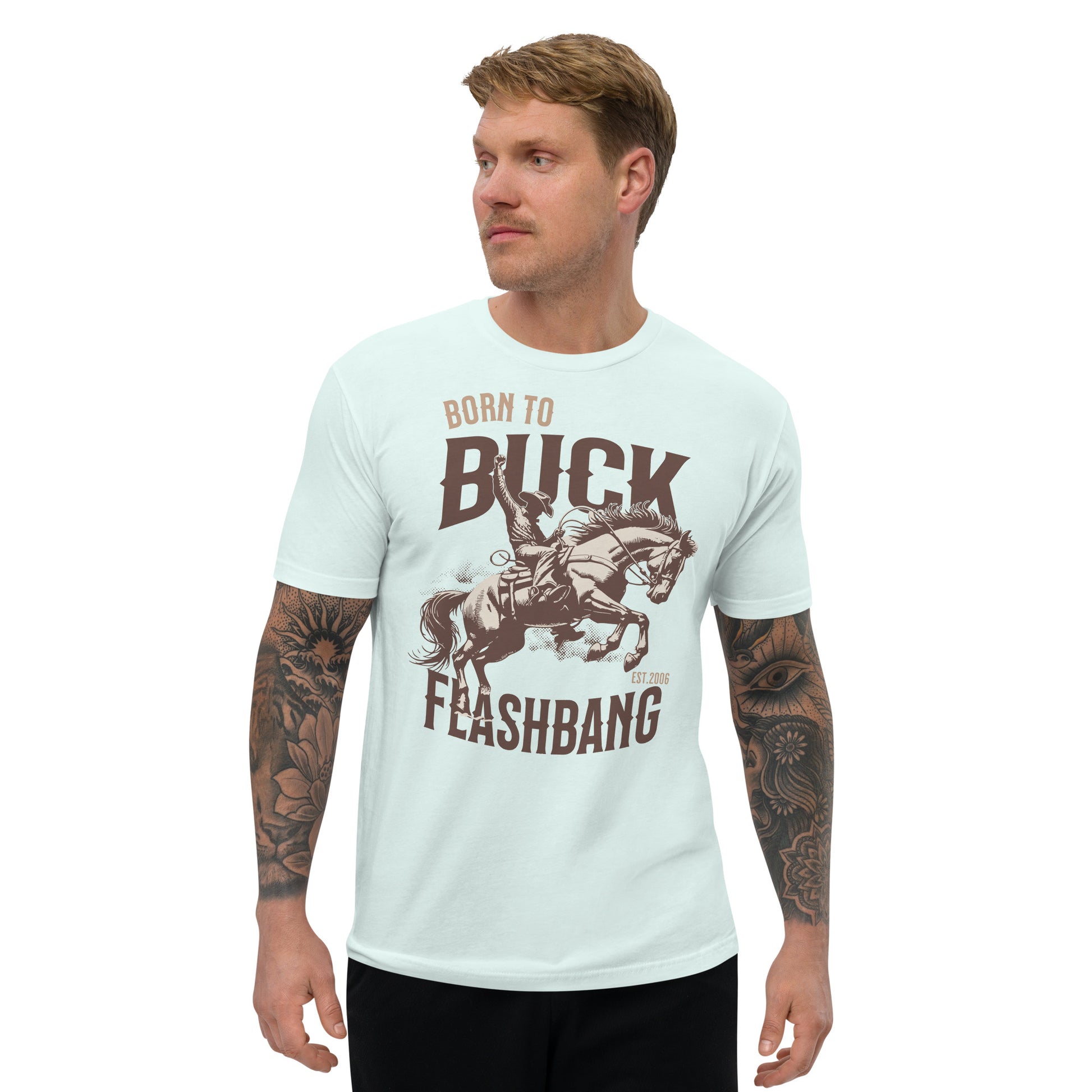 Born to Buck Lite T-shirt featuring a western cowboy graphic - Front View - Light Blue - Model Guy