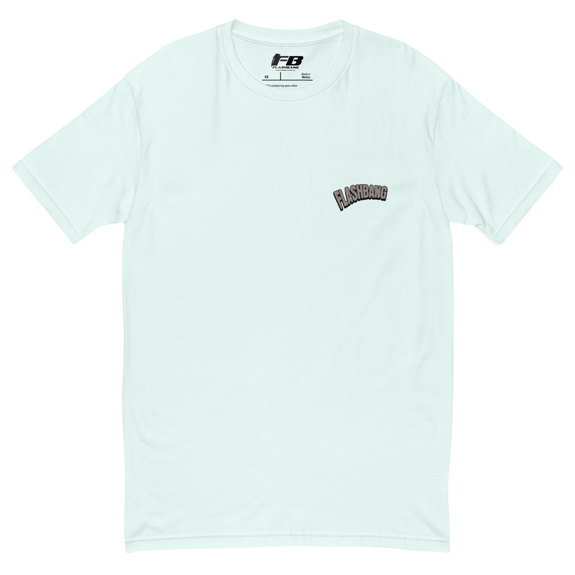 Caveman Way Lite T-shirt with Cave Man Way of Solving Things text - Front View - Light Blue with Flashbang Text