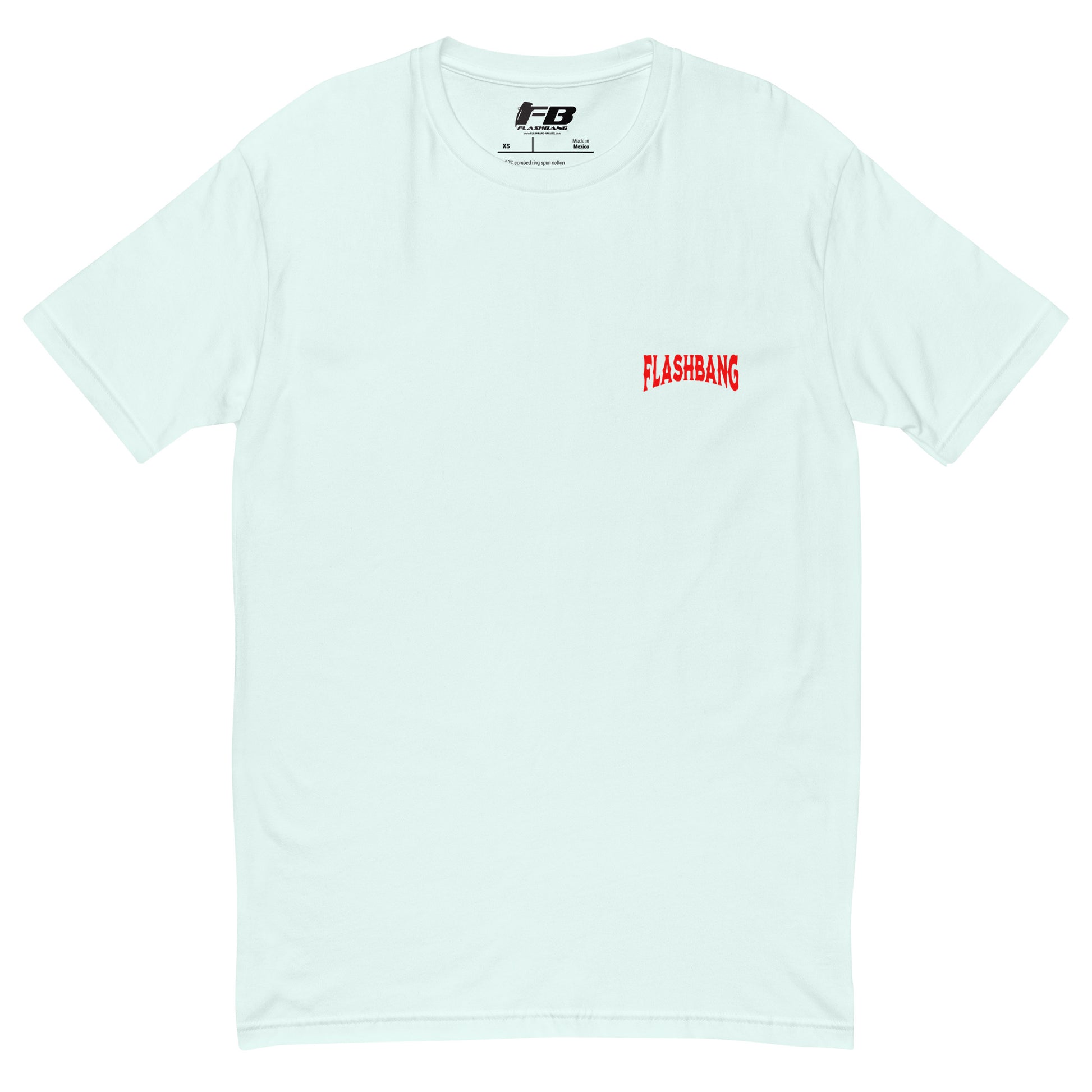 Graphic t-shirt featuring a tribal warrior skull with feathers, gothic design - Front View - Light Blue with Flashbang Text