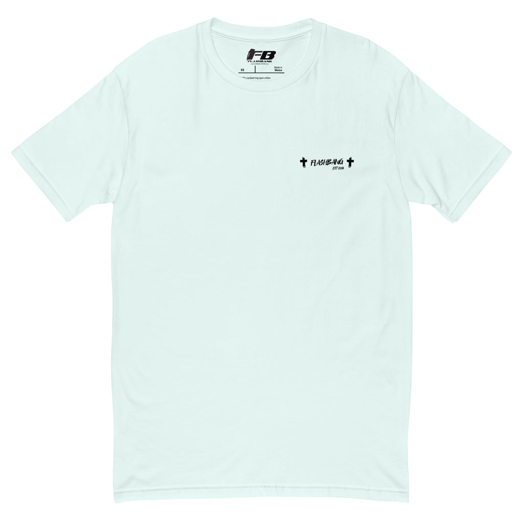 Minding My Business Lite T-shirt with a skeleton graphic and humorous quote - Front View - Light Blue with Flashbang Text