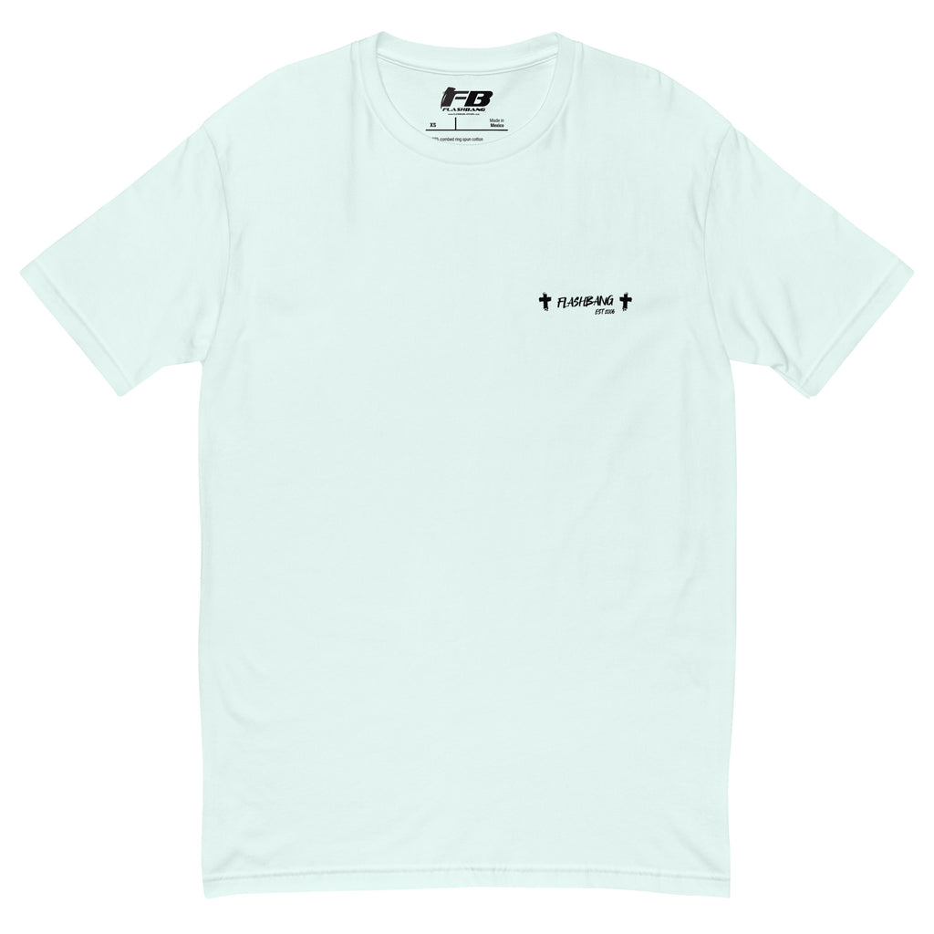 Retired Lite T-Shirt with bold graphic design, perfect retirement tee shirt for veterans - Front View - Light Blue with Flashbang Text