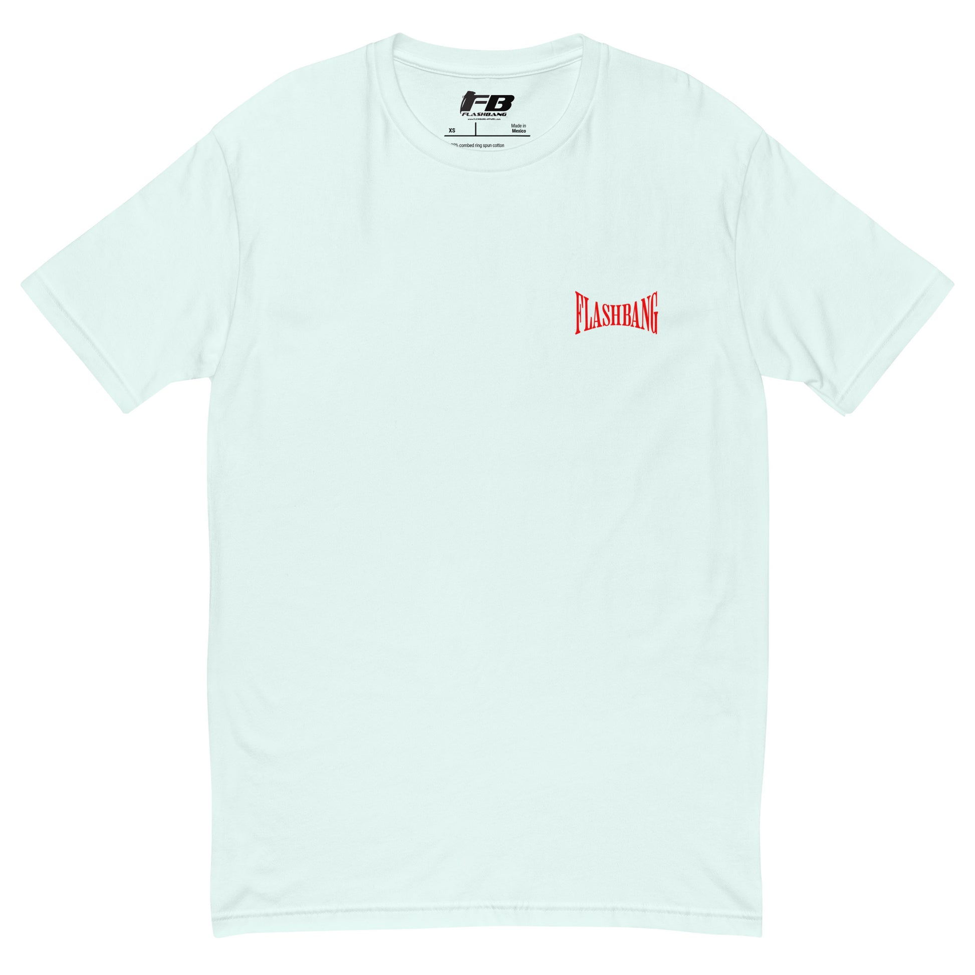Forged in Fire Lite T-shirt featuring Spartan graphic, ideal for firefighters and those who embody strength and courage - Front View - Light Blue with Flashbang Text