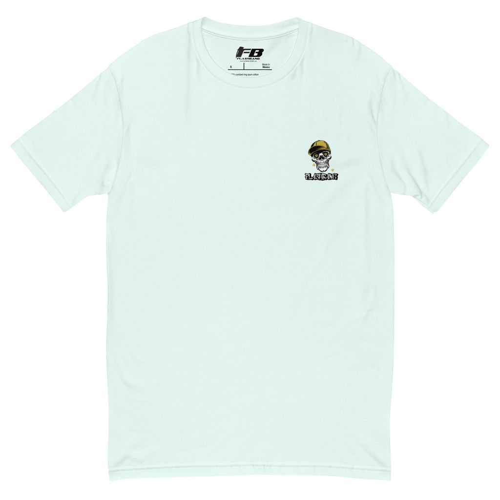 Light blue t-shirt with a skull graphic and text on a white background
