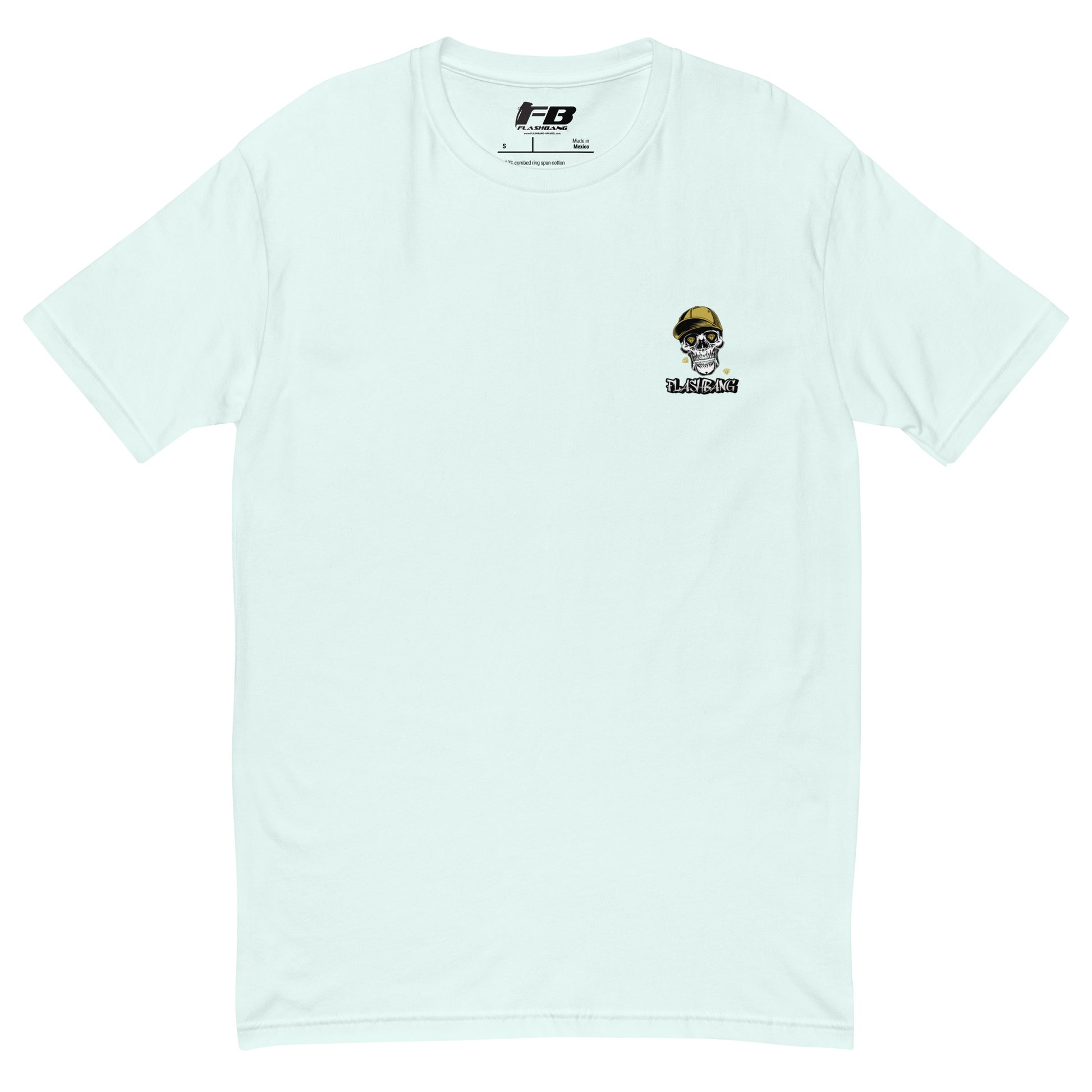 Light blue t-shirt with a skull graphic and text on a white background