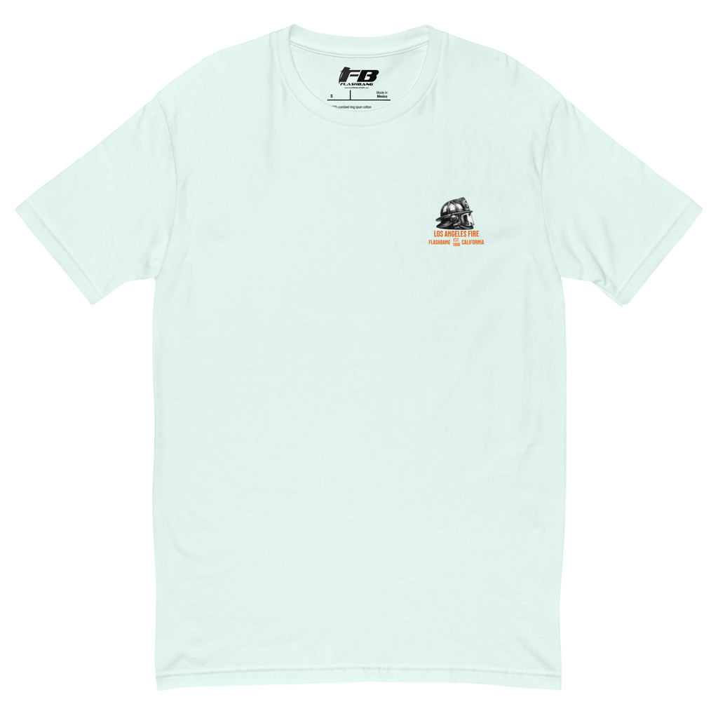Light blue t-shirt with a logo on the chest against a white background