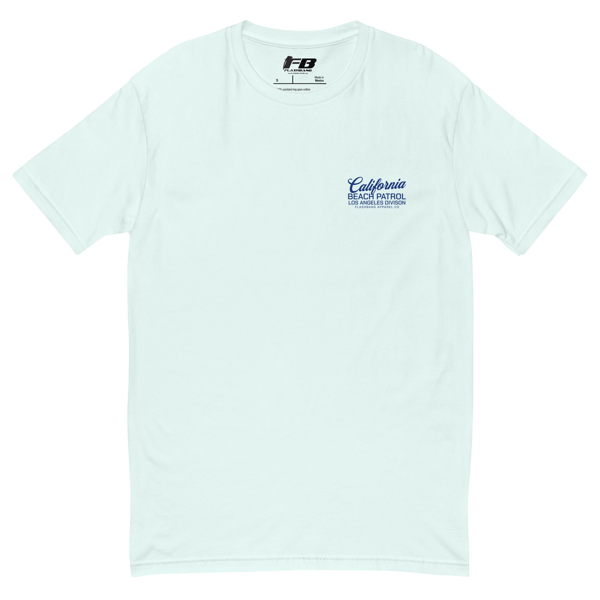 Light blue t-shirt with 'California Black Patrol Los Angeles Chapter' text on a white background