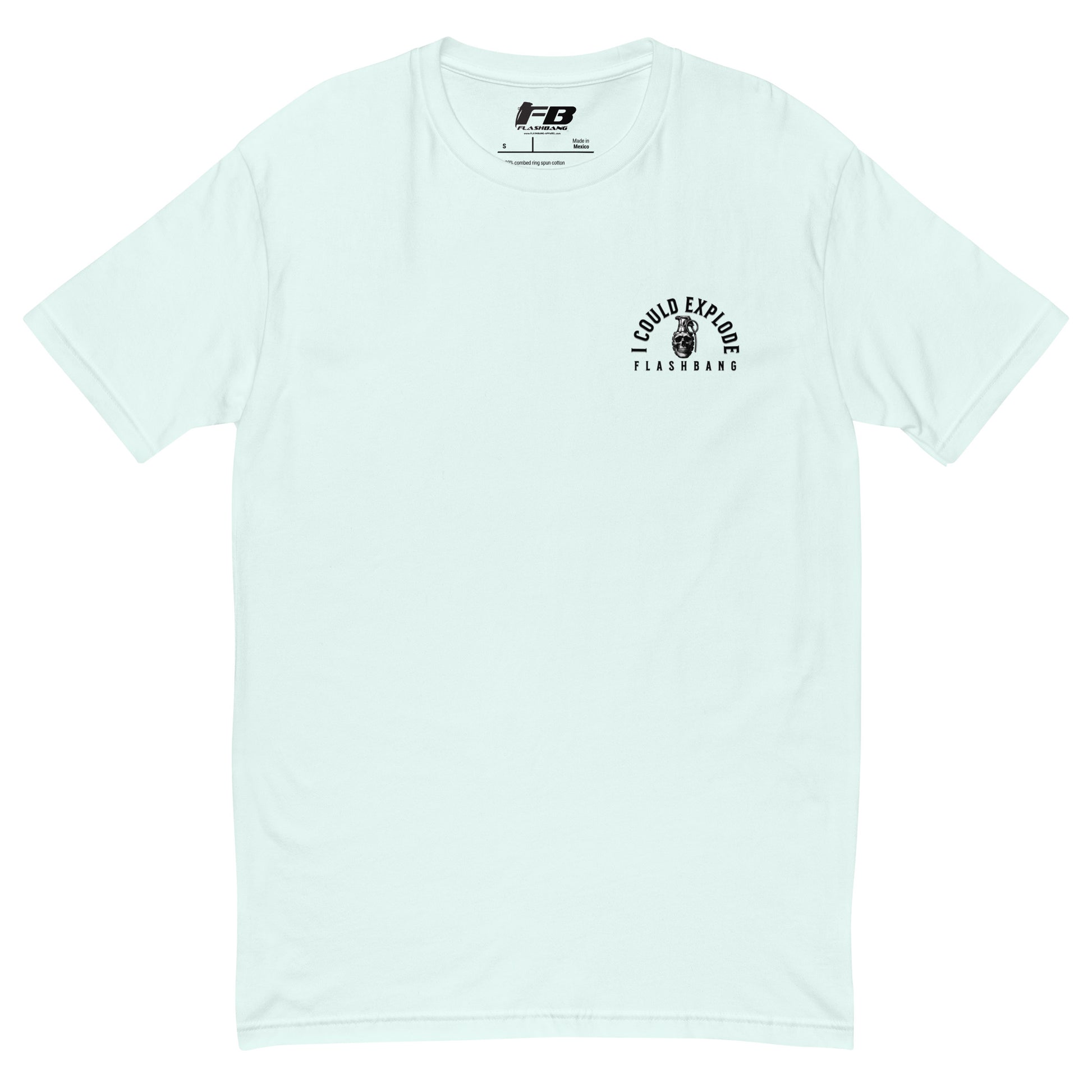 Light blue t-shirt with black graphic and text on a white background