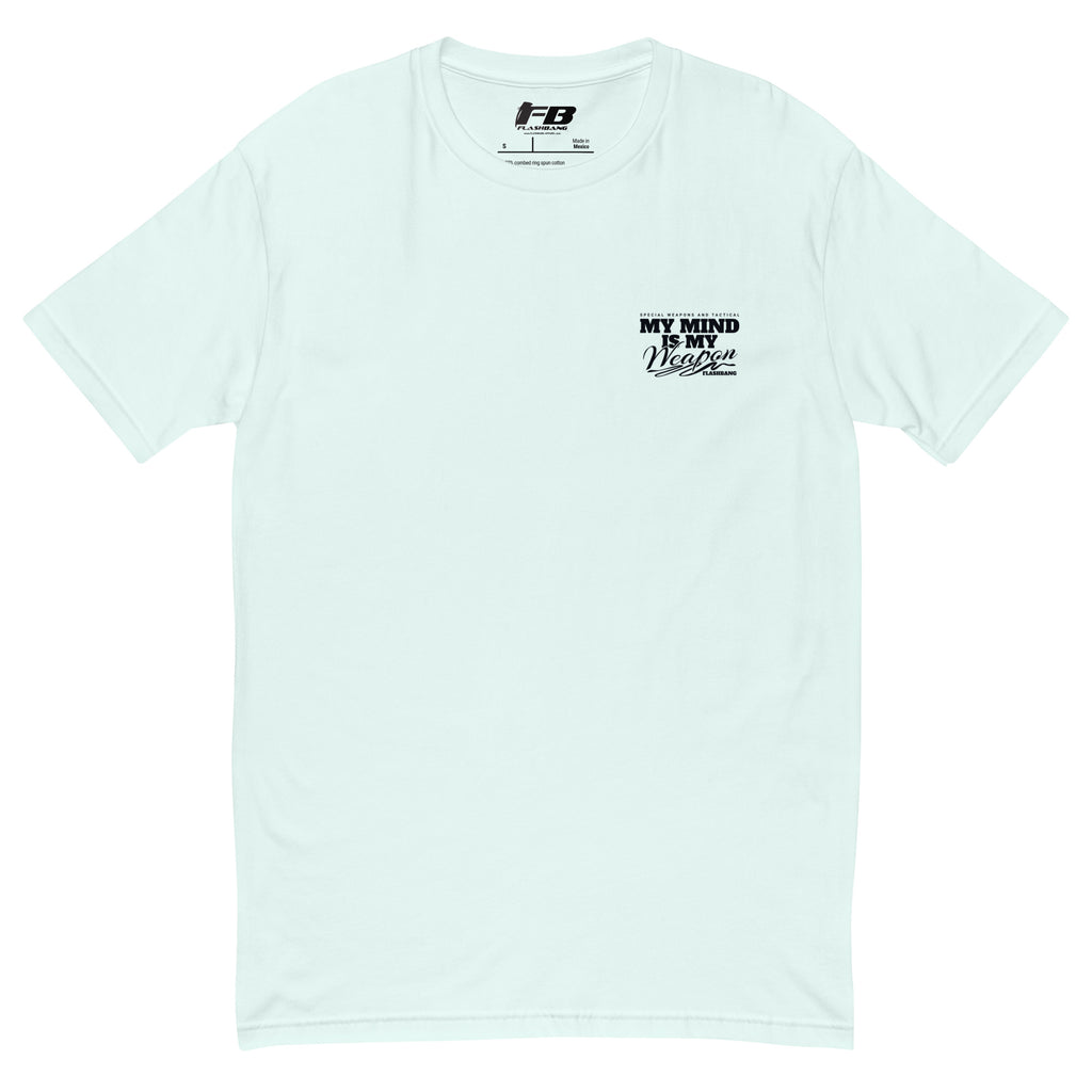 Light blue t-shirt with black text and logo on a white background