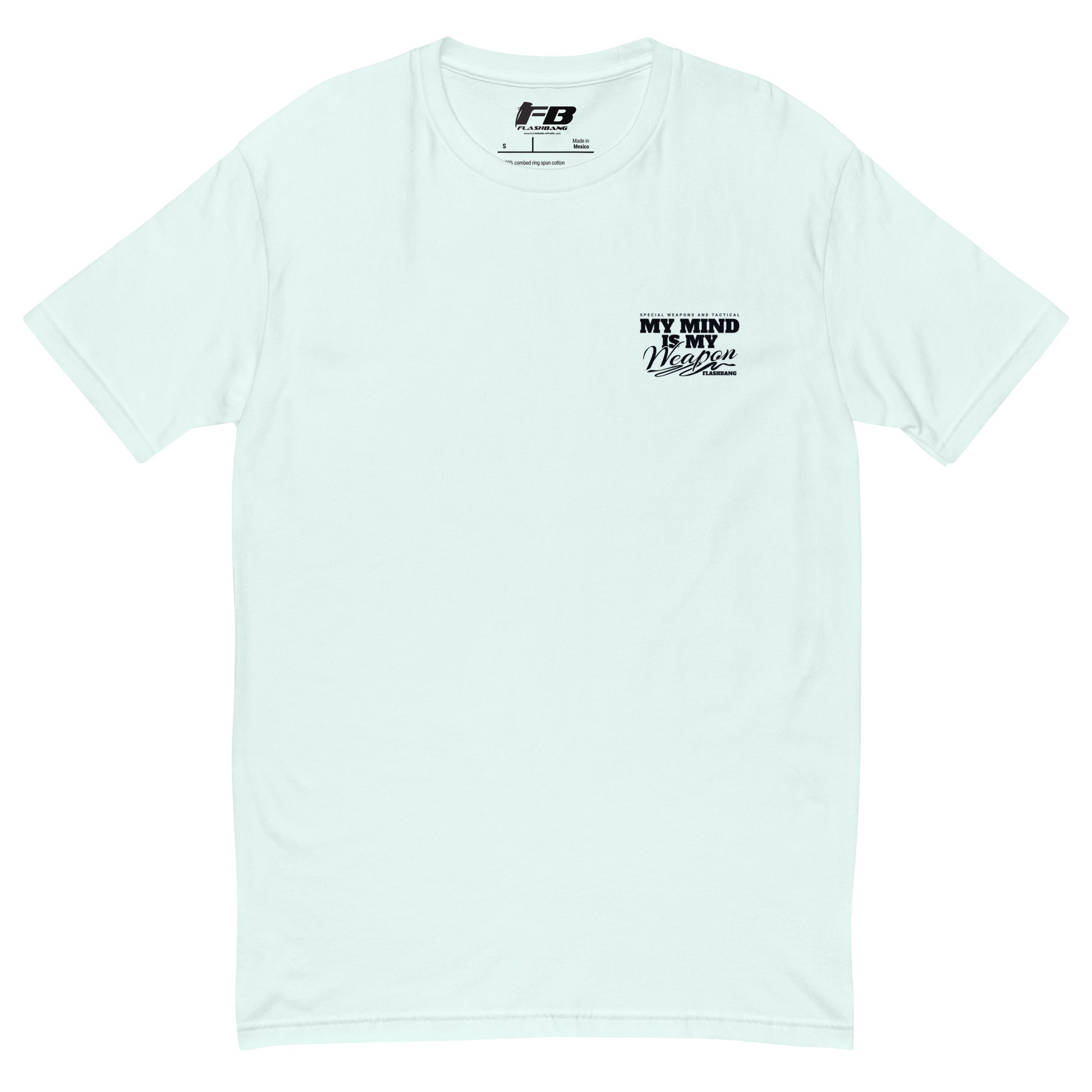 Light blue t-shirt with black text and logo on a white background