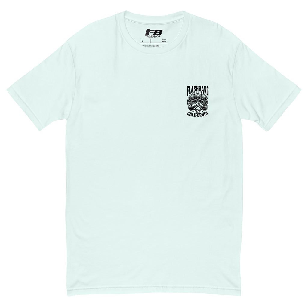 Light blue t-shirt with black graphic design on a white background