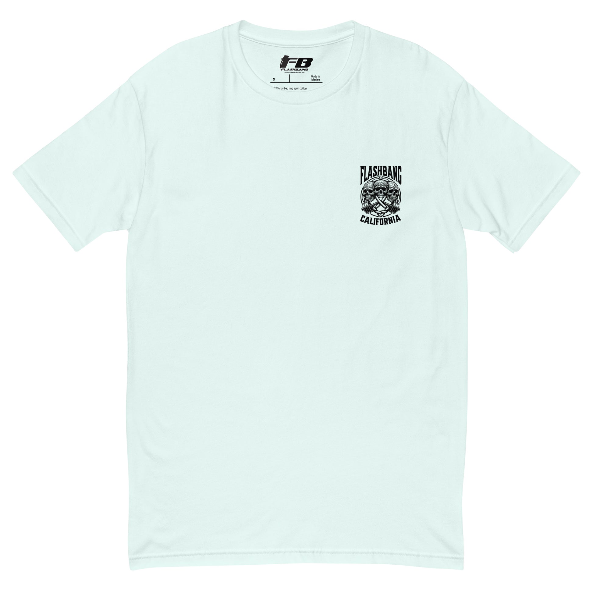 Light blue t-shirt with black graphic design on a white background