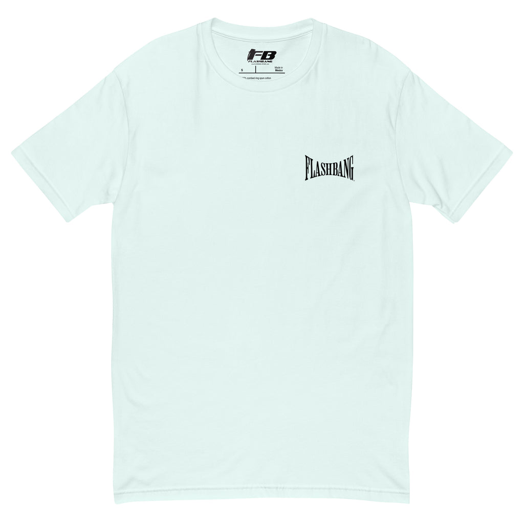 Light blue t-shirt with 'Flashbang' logo on a white background