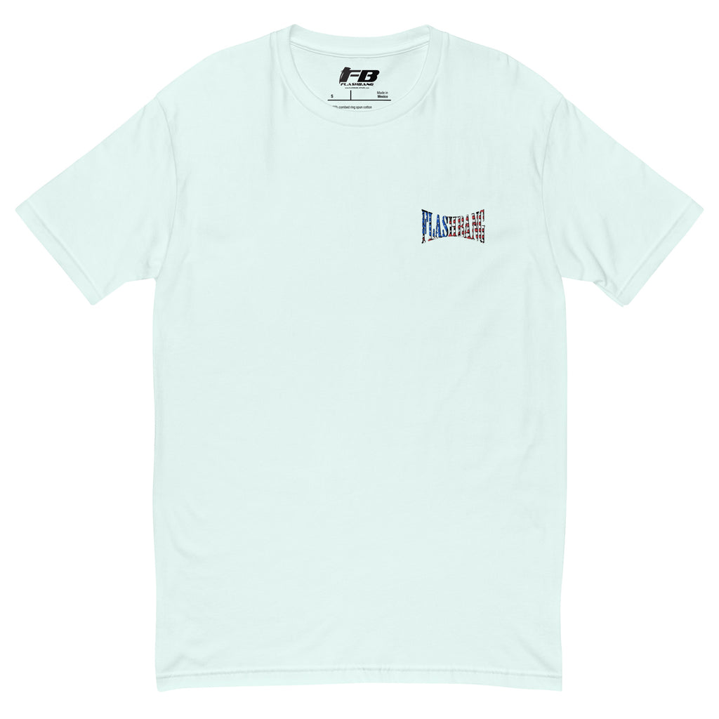 Light blue t-shirt with colorful text and logo on a white background