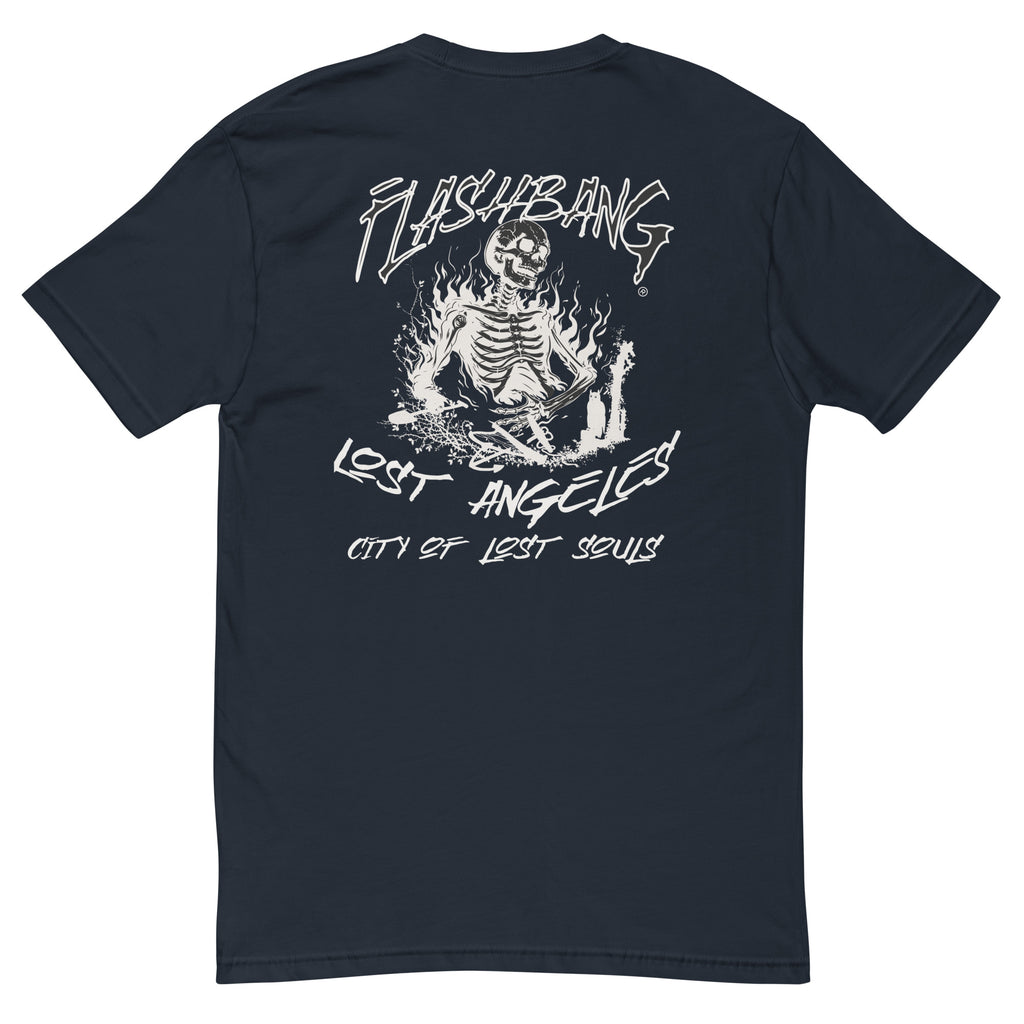 LA Lost Souls T-shirt with skeleton design, embodying streetwear LA style and honoring veterans - Back View - Midnight Navy
