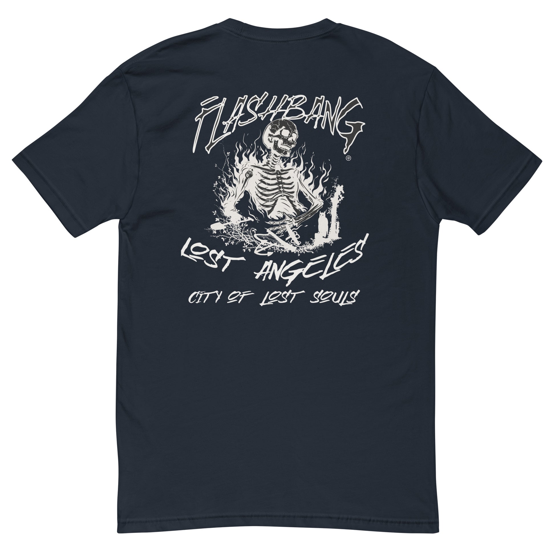 LA Lost Souls T-shirt with skeleton design, embodying streetwear LA style and honoring veterans - Back View - Midnight Navy