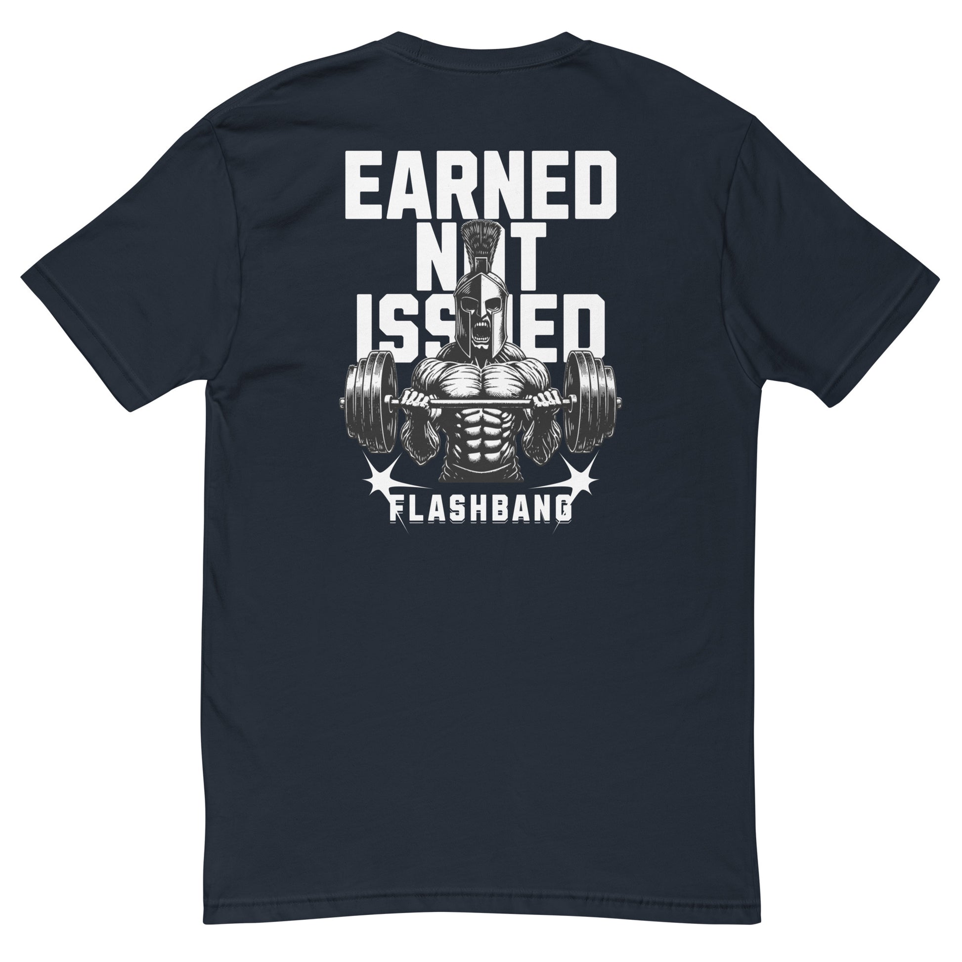 Earned Not Issued T-shirt with Spartan graphic, ideal for men who love powerlifting, weightlifting, and fitness motivation quotes - Back View - Midnight Navy