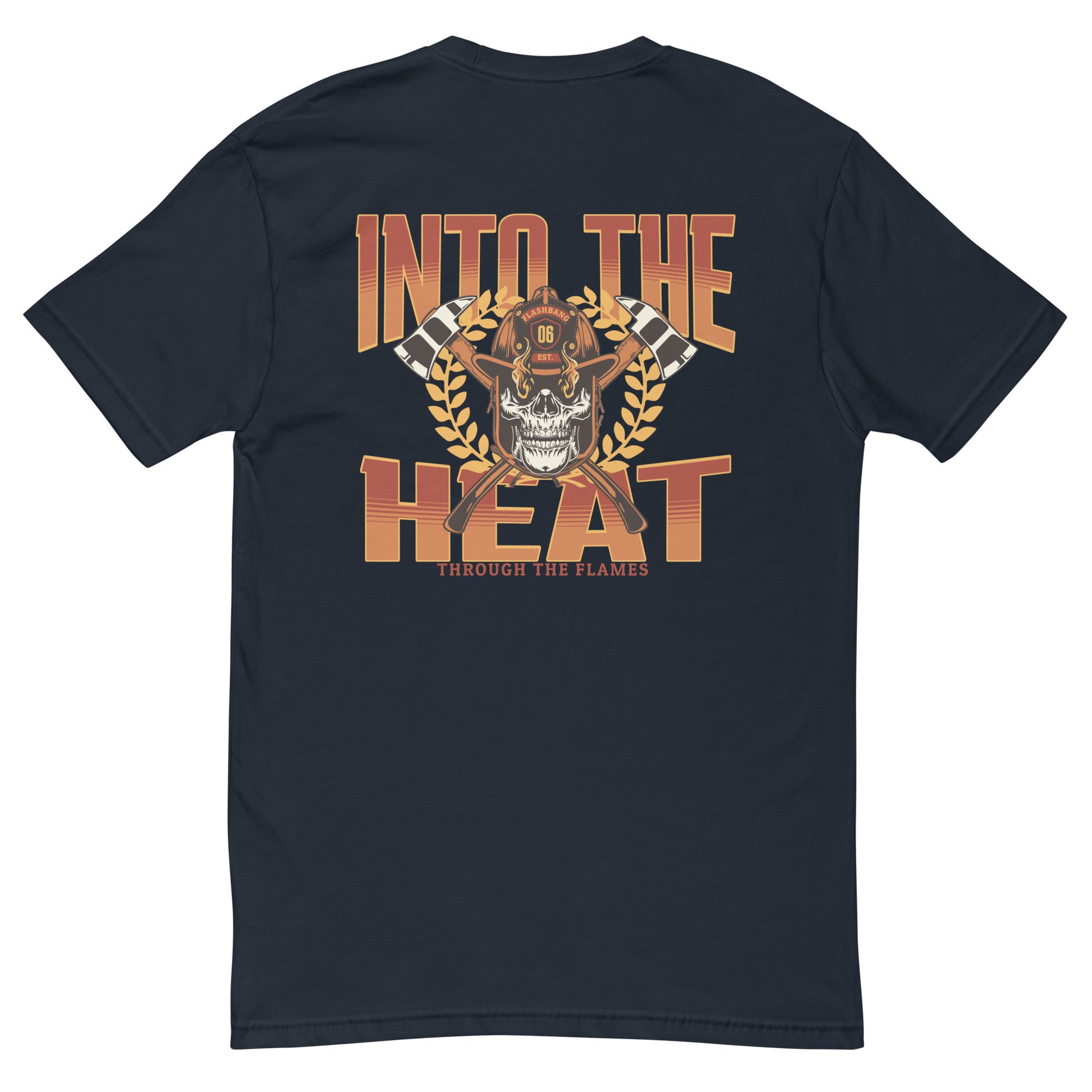 Into The Heat T-shirt with firefighter skull graphic, perfect for brave men who love firefighter apparel - Back View - Midnight Navy