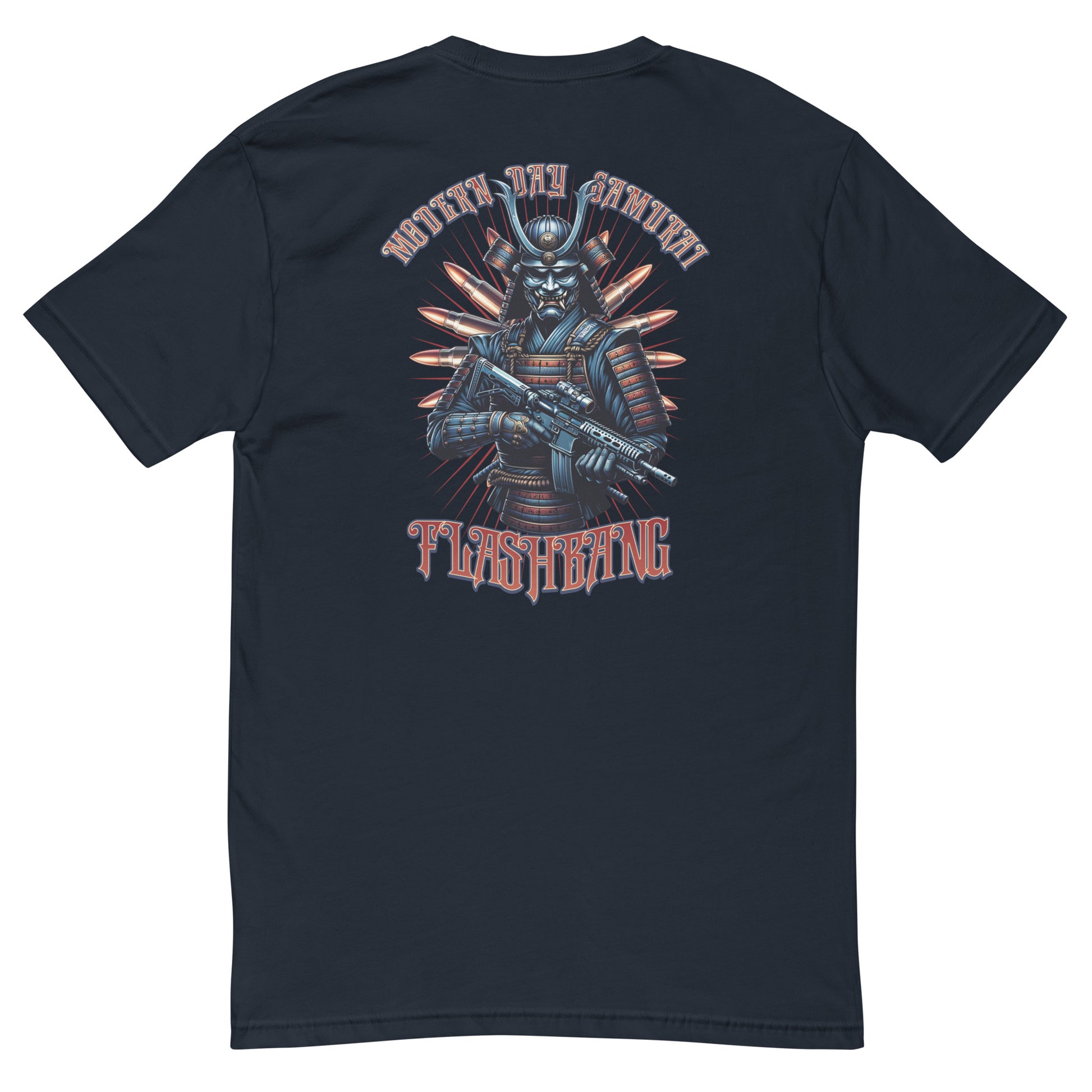 Modern Day Samurai T-shirt featuring a bold samurai graphic, designed for men who admire samurai culture and warrior strength - Back View - Midnight Navy