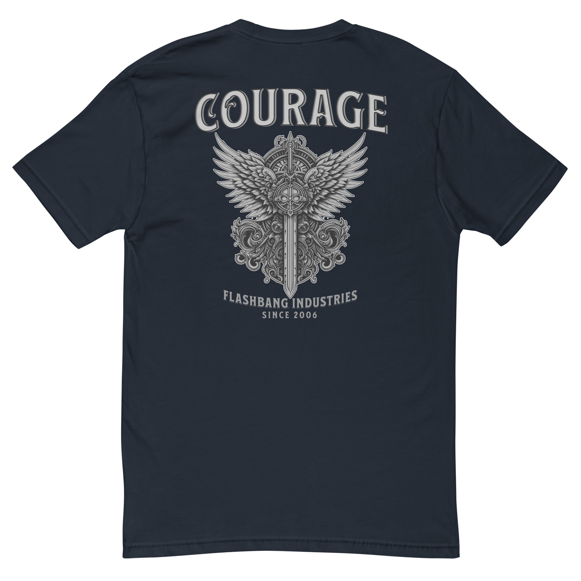 Courage warrior t-shirt with sword and wings graphic, honoring brave troops and soldiers with rugged style and bold military inspiration - Back View - Midnight Navy