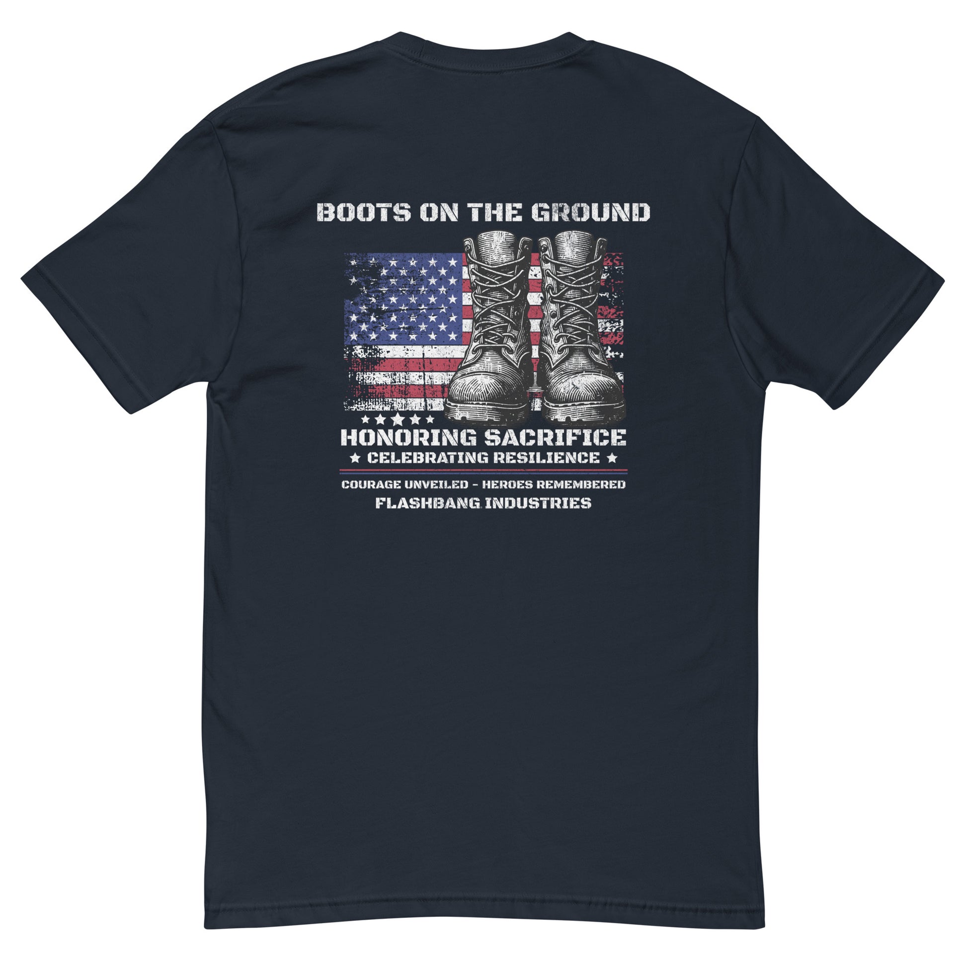 Boots On The Ground T-shirt for men – Inspired by patriot military style and pairs great with USA flag cowboy boots - Back View - Midnight Navy